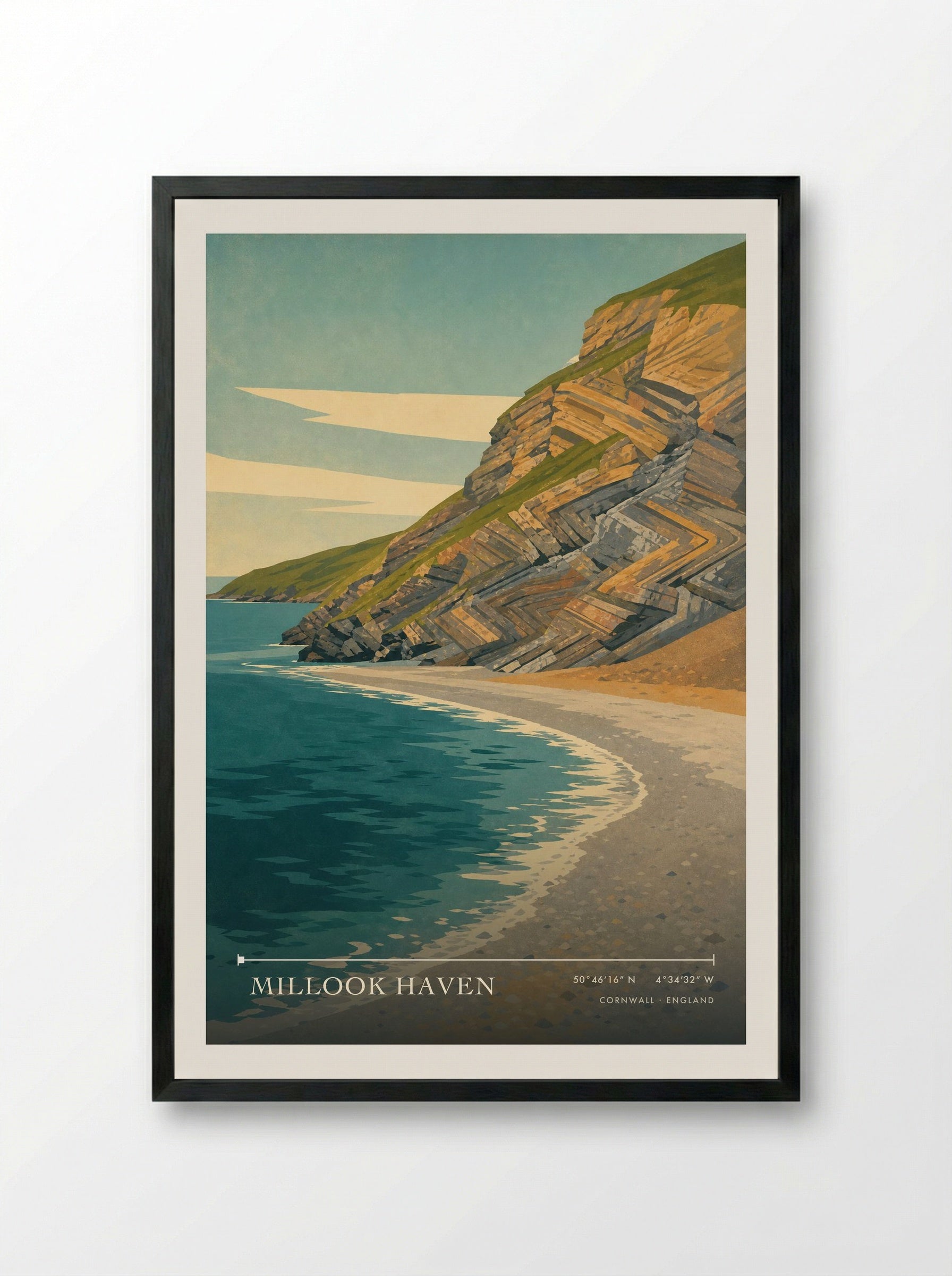 Millook Haven Cornwall England Travel Poster - Framed Print Black