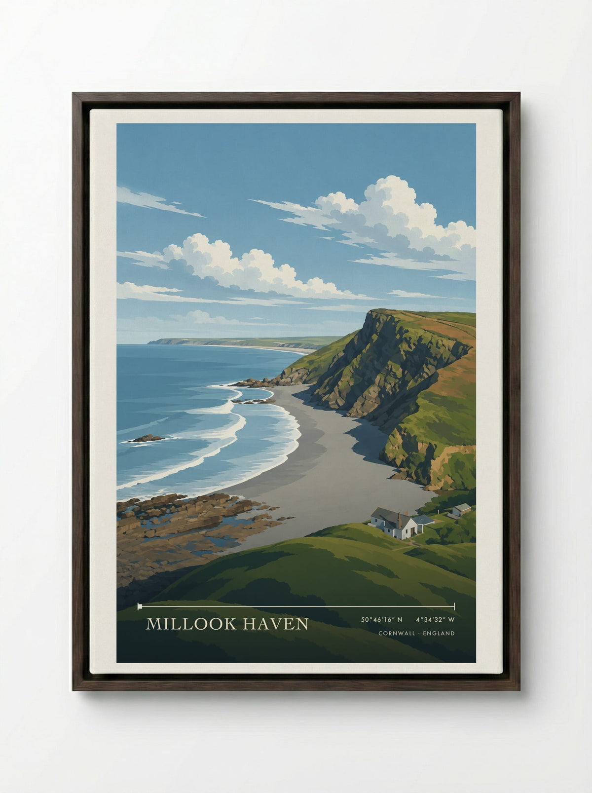 Millook Haven, Cornwall | Travel Poster - Framed Canvas Dark Wood