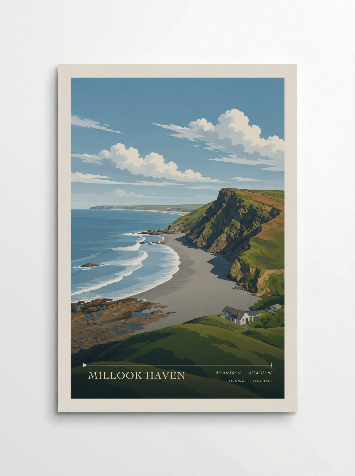 Millook Haven, Cornwall travel poster: folded coastal cliffs above a curved pebble shore, white surf and a small pale cottage below the green slope