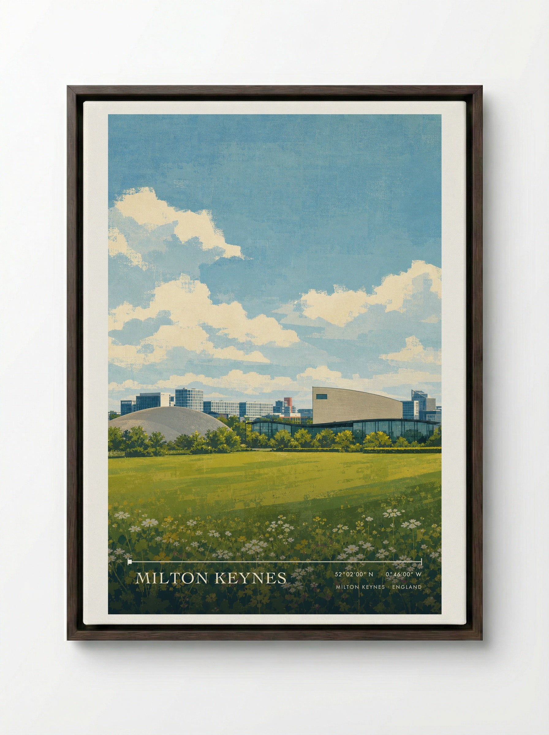 Milton Keynes England Travel Poster - Framed Canvas Dark Wood