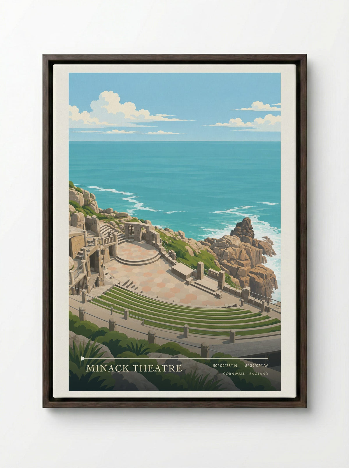 Minack Theatre, Cornwall | Travel Poster - Framed Canvas Dark Wood