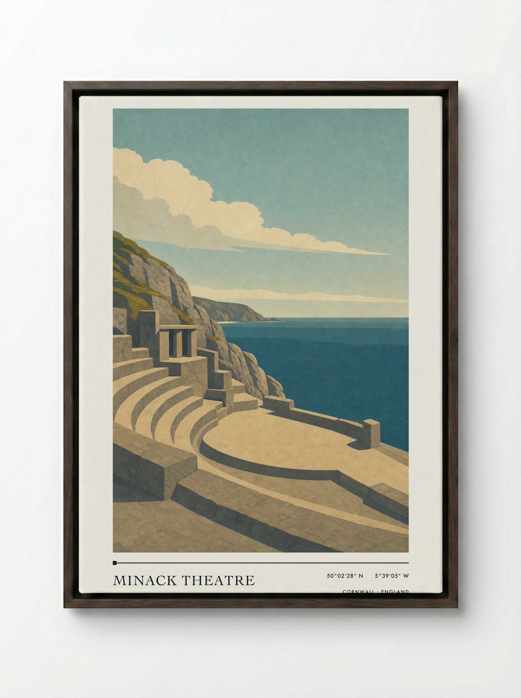 Minack Theatre Travel Poster Artwork - Framed Canvas Dark Wood