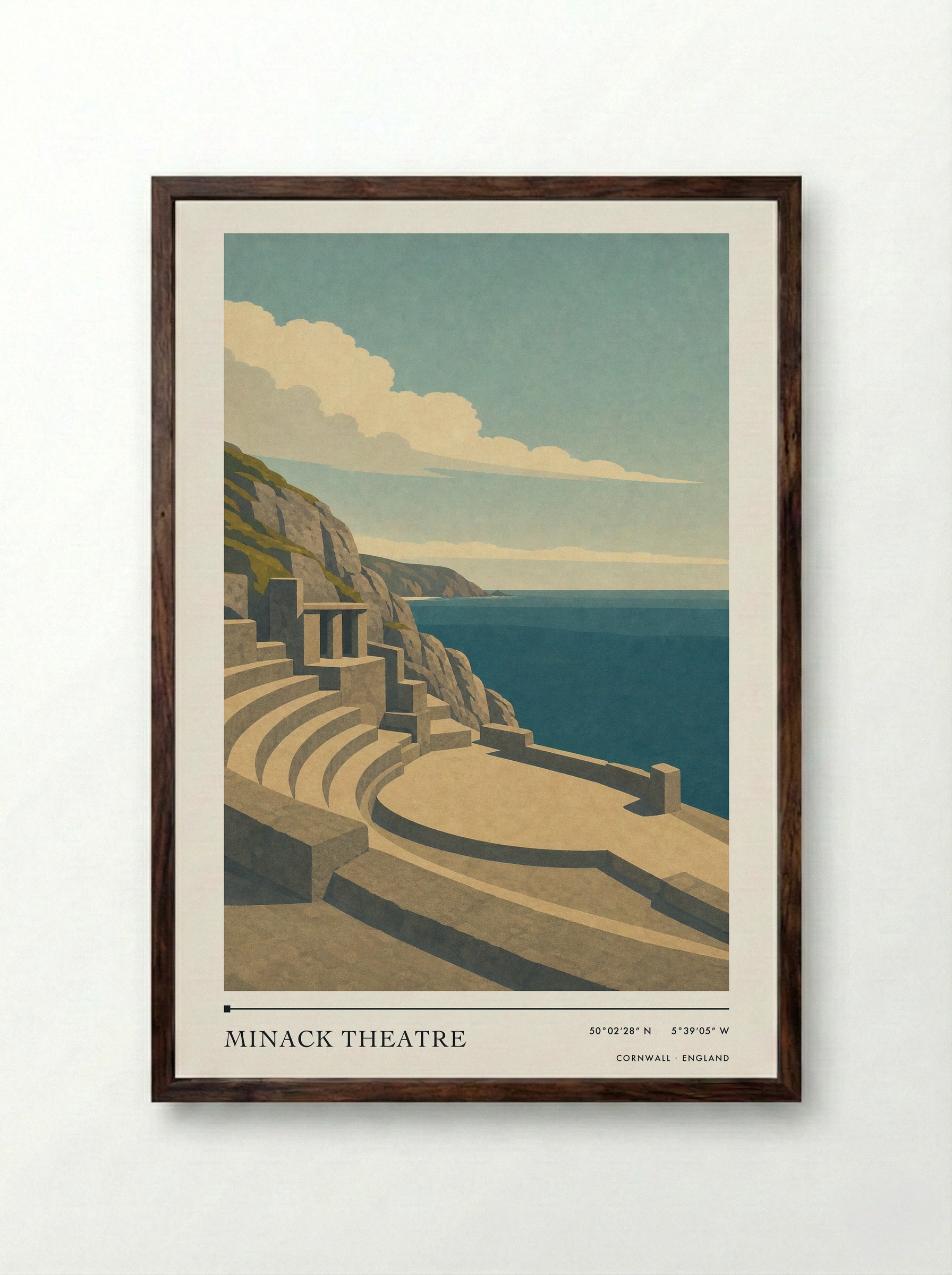 Minack Theatre Travel Poster Artwork - Framed Print Dark Wood