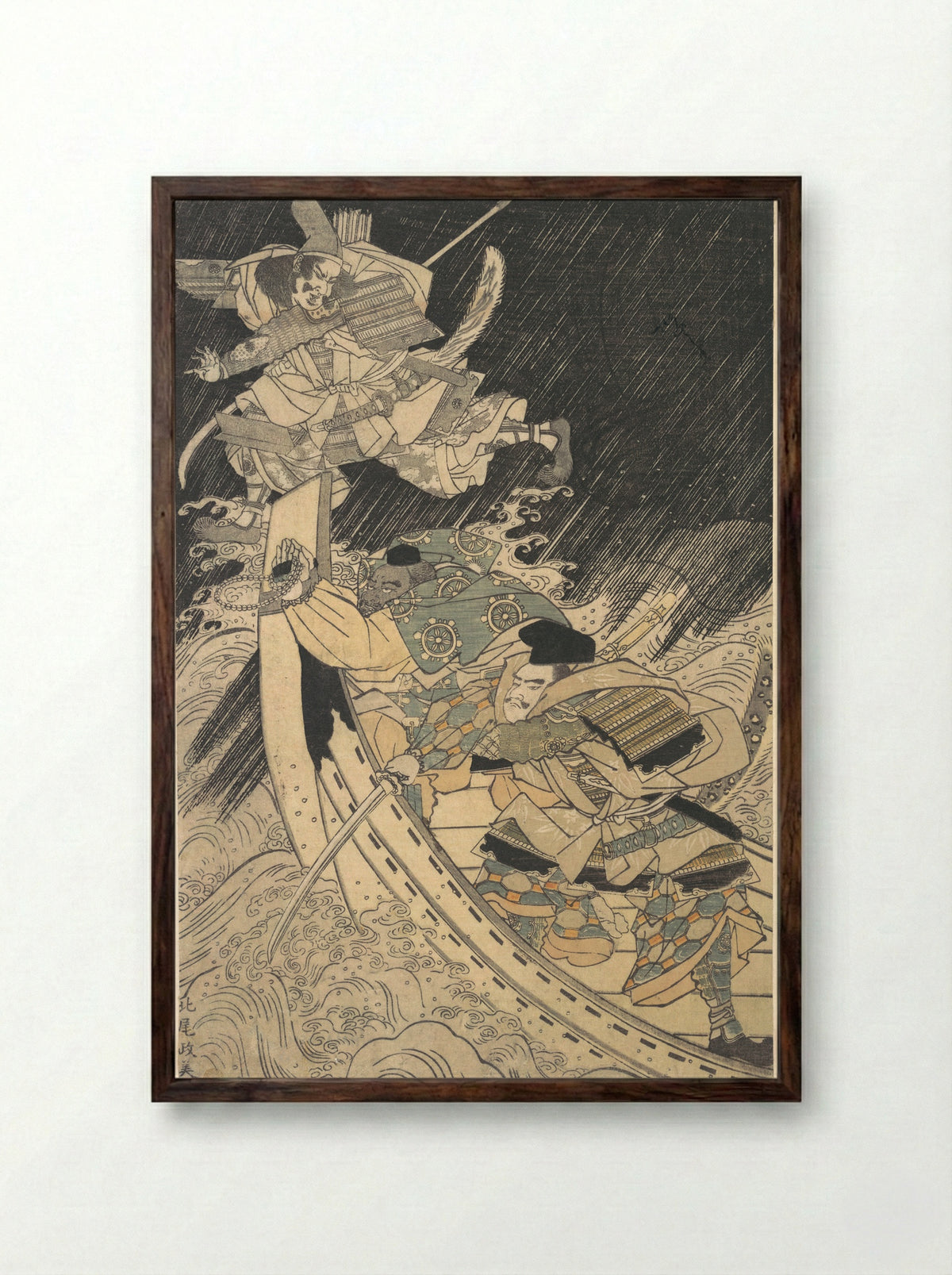 Minamoto Yoshitsune and His Retainer, the Monk Benkei, Putting to Flight the Ghost of Taira no Tomomori - Kuwagata Keisai - Framed Print Dark Wood