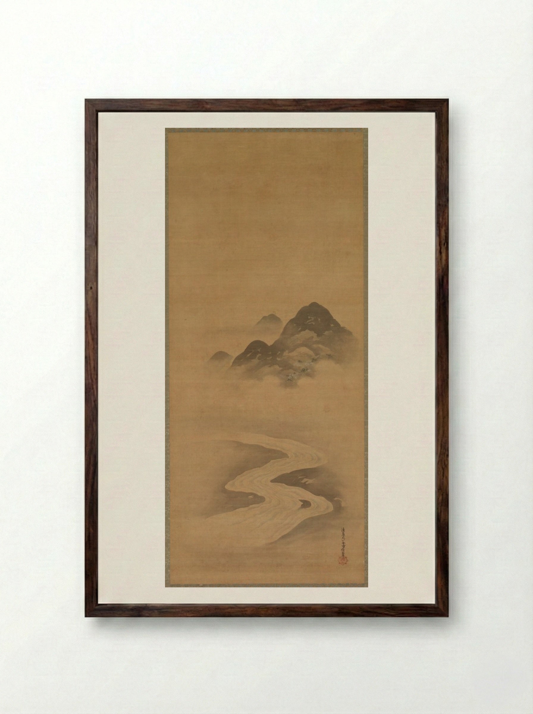 Minamoto no Nakakuni Visits Lady Kogō - Kiyohara Yukinobu - Framed Print Dark Wood