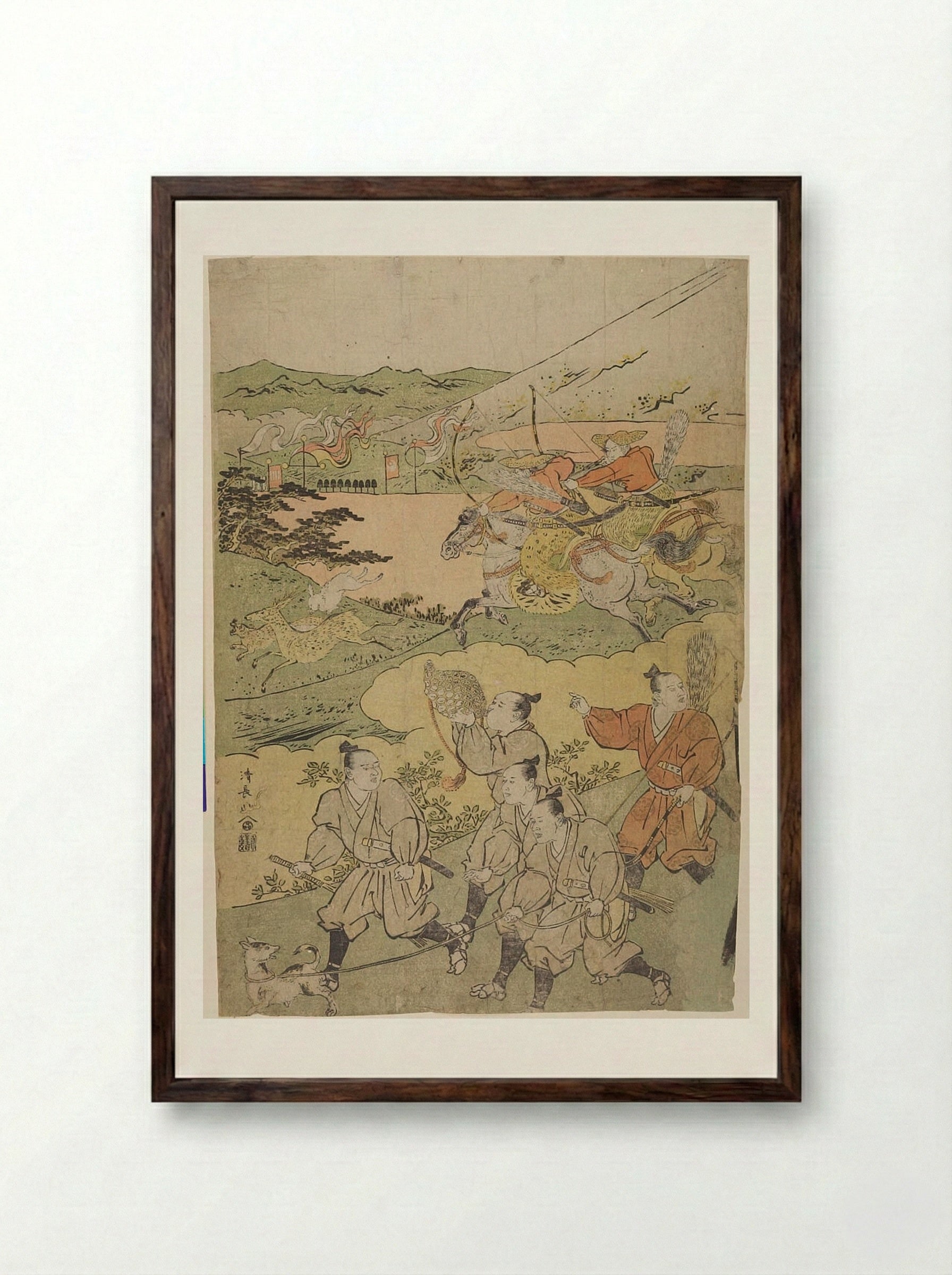 Minamoto no Yoritomo Hunting at the Foot of Mount Fuji (left half of a diptych) - Torii Kiyonaga - Framed Print Dark Wood