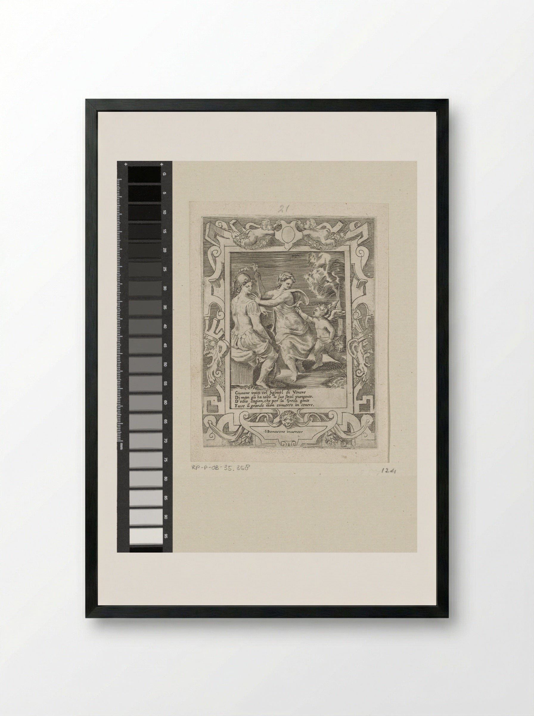 Minerva Seated with Juno Taking Cupid's Arrows - Giulio Bonasone - Framed Print Black
