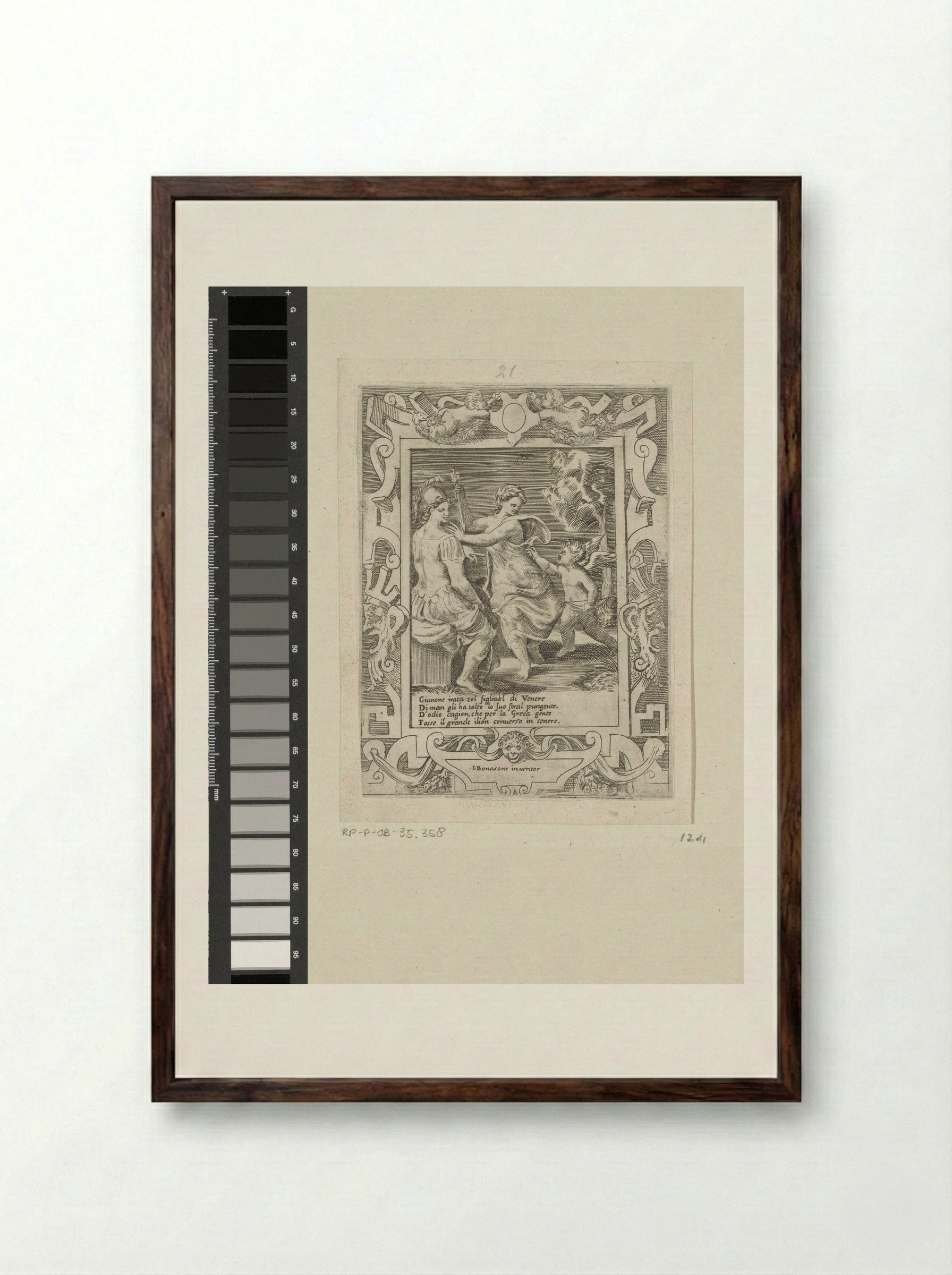 Minerva Seated with Juno Taking Cupid's Arrows - Giulio Bonasone - Framed Print Dark Wood