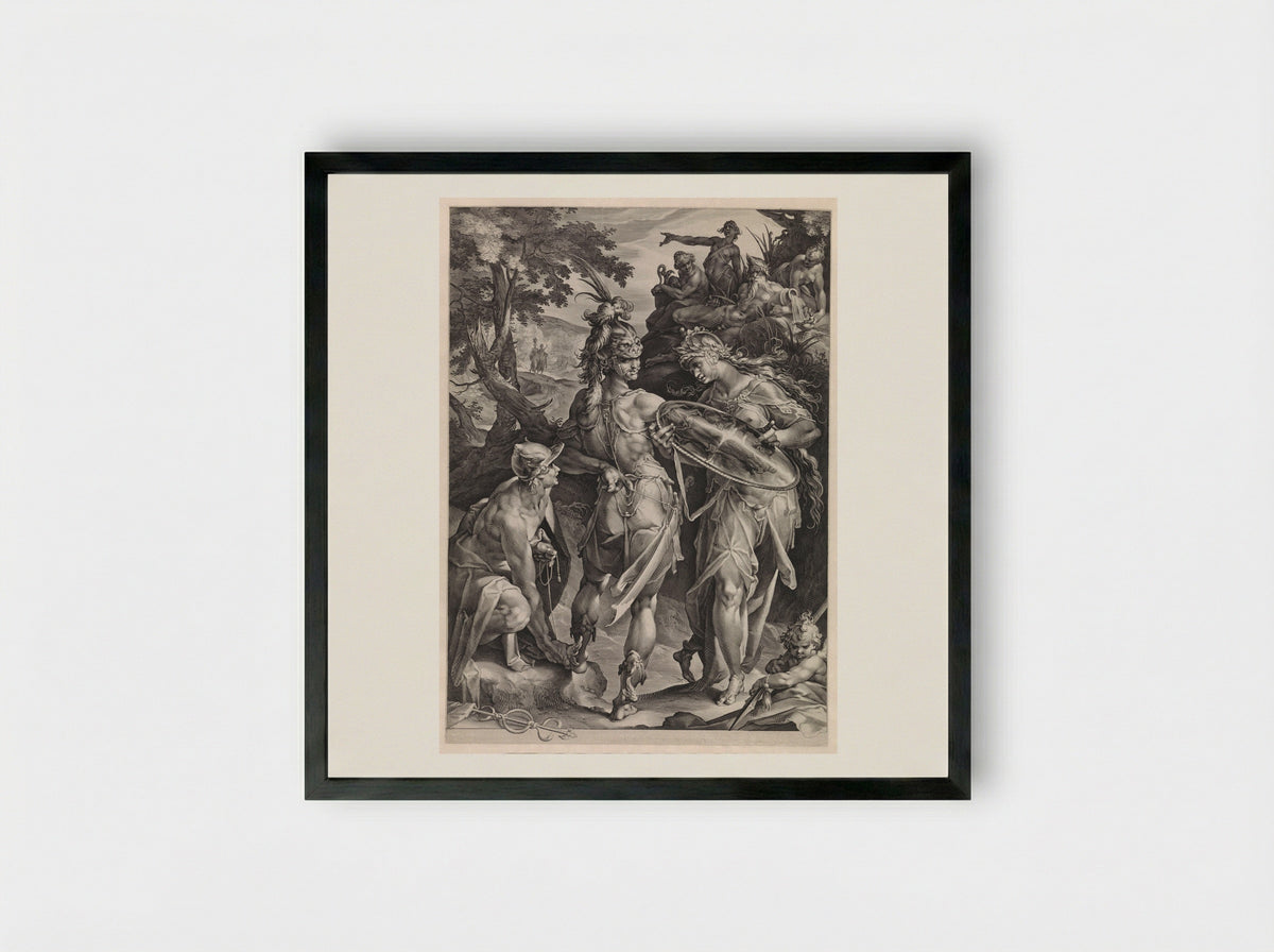 Minerva and Mercury Arming Perseus - Jan Harmensz. Muller - Framed Print Black