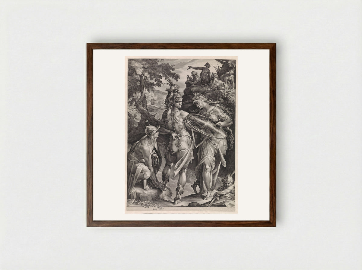 Minerva and Mercury Arming Perseus - Jan Harmensz. Muller - Framed Print Dark Wood