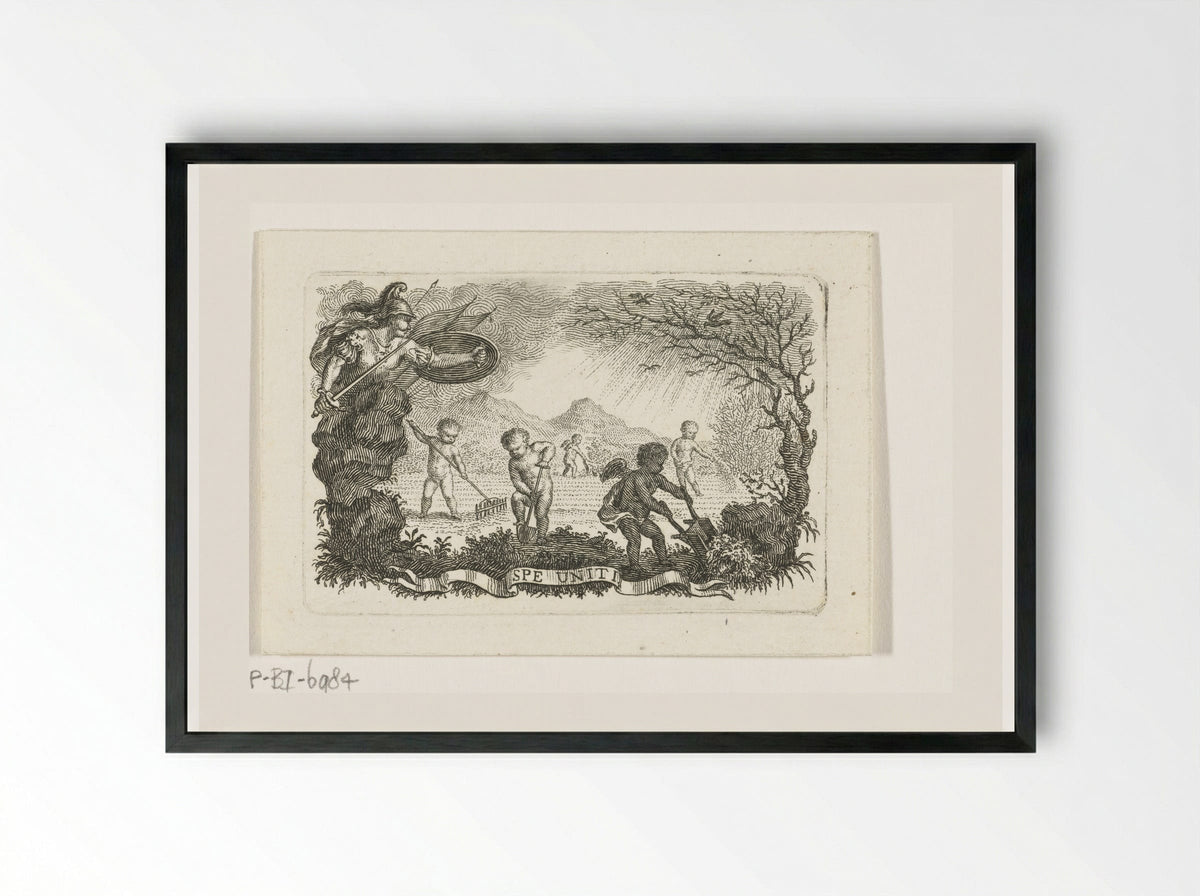 Minerva with Putti Tilling a Field - Abraham Delfos - Framed Print Black