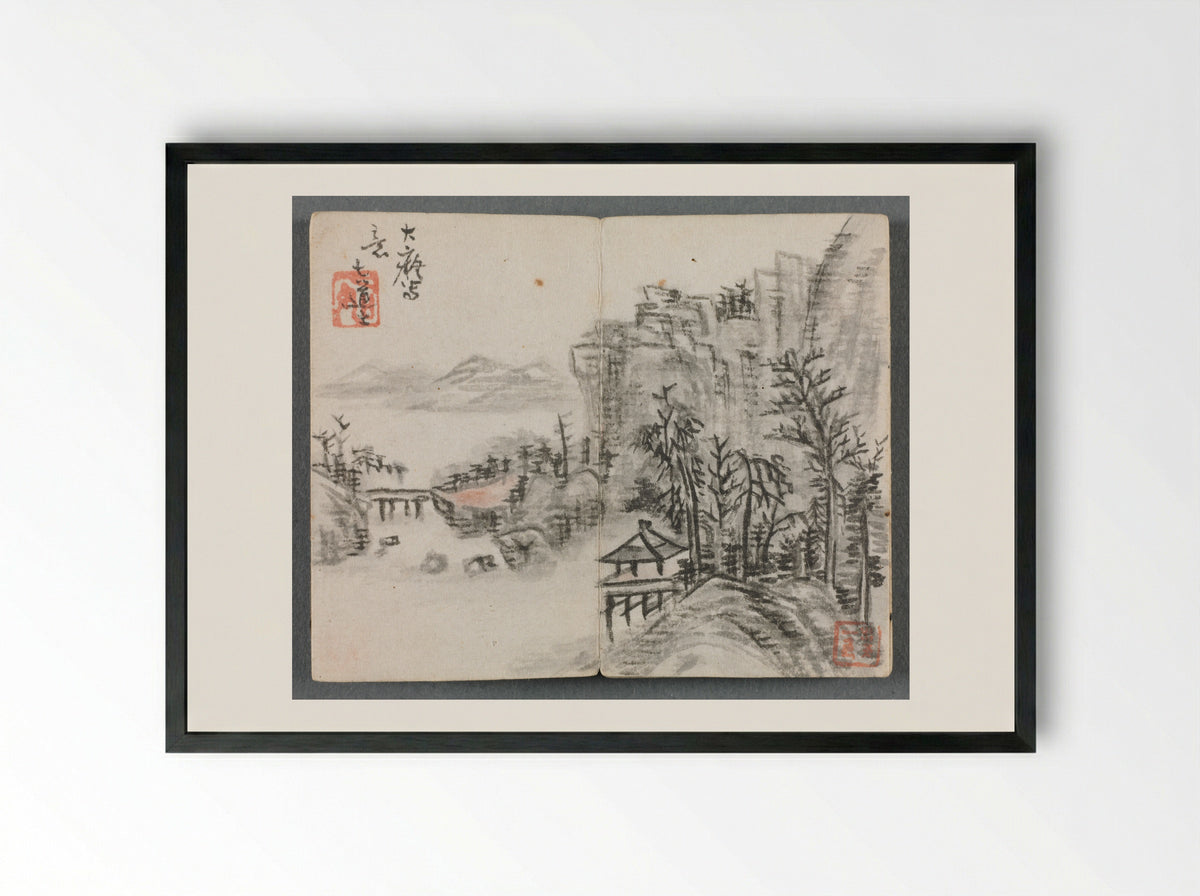 Miniature Album with Figures and Landscape (Cliff Landscape with Bridge) - Zeng Yandong - Framed Print Black