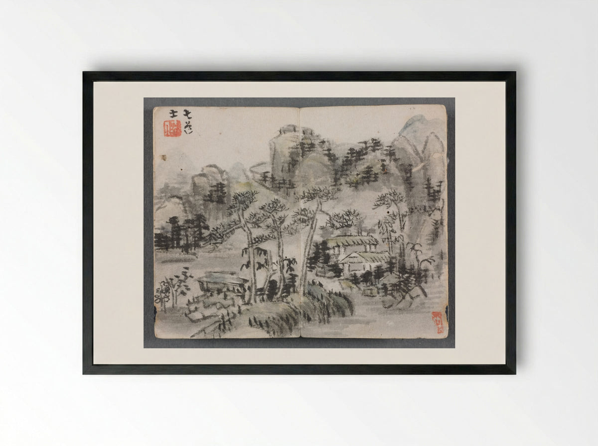Miniature Album with Figures and Landscape (Landscape with Two Buildings) - Zeng Yandong - Framed Print Black