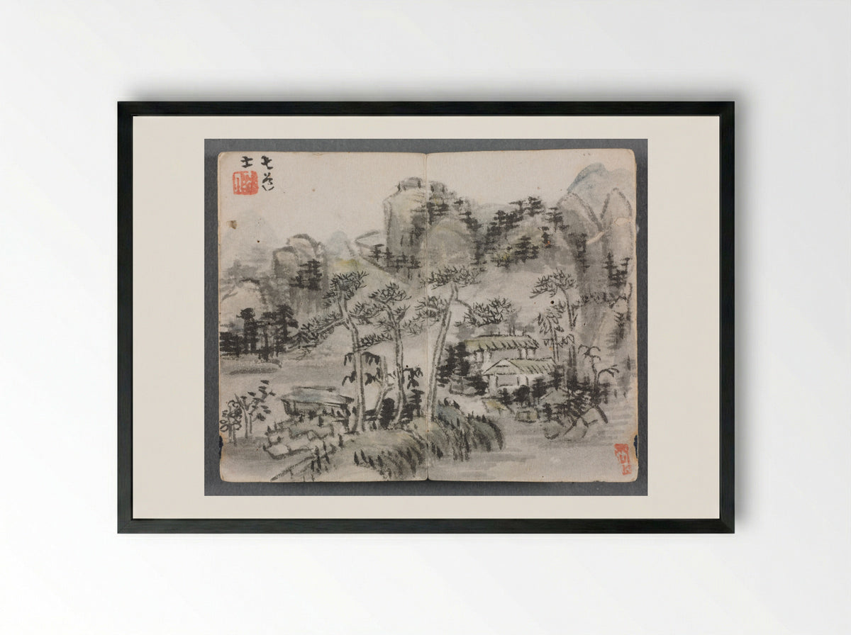 Miniature Album with Figures and Landscape (Landscape with Two Buildings) - Zeng Yandong - Framed Print Black