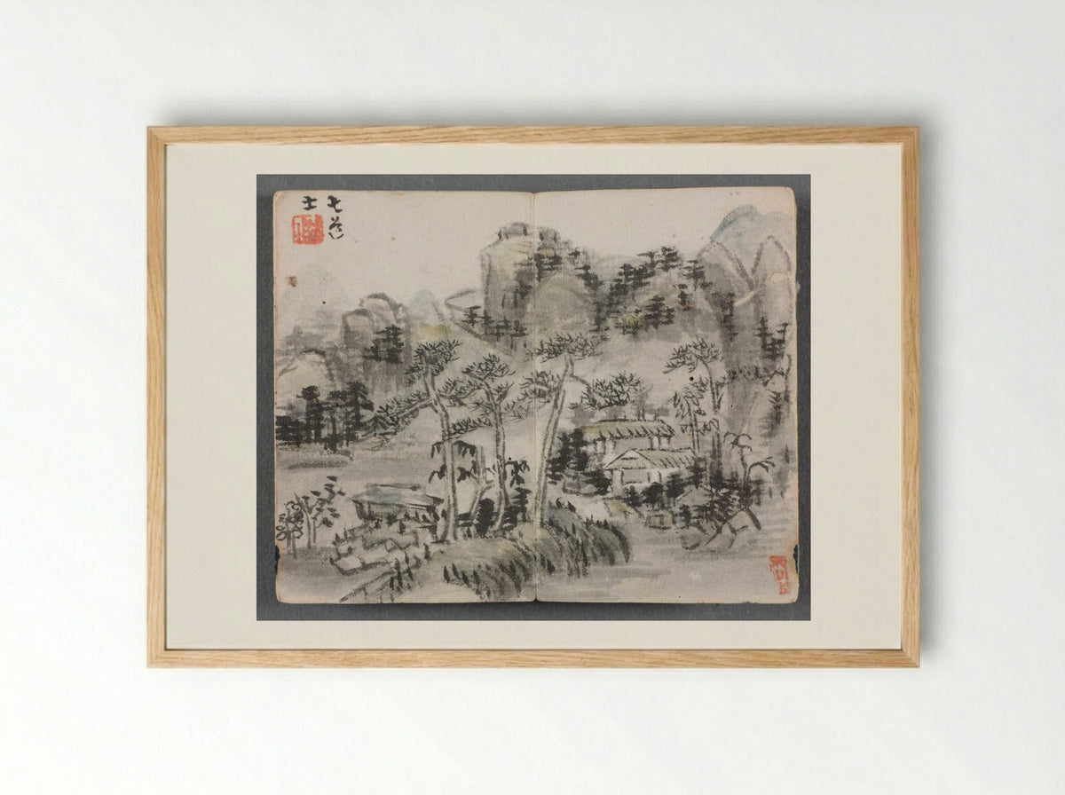 Miniature Album with Figures and Landscape (Landscape with Two Buildings) - Zeng Yandong - Framed Print Wood