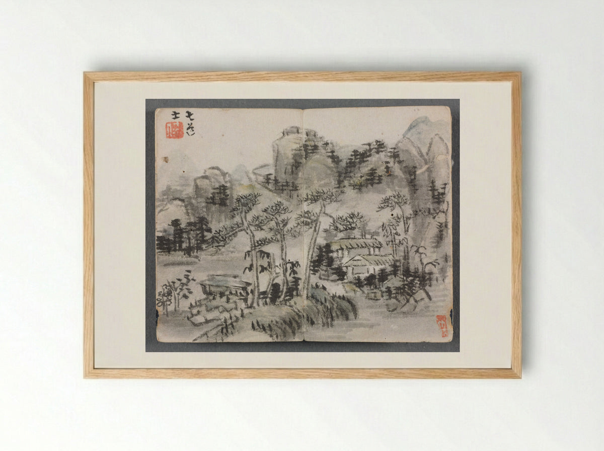 Miniature Album with Figures and Landscape (Landscape with Two Buildings) - Zeng Yandong - Framed Print Wood