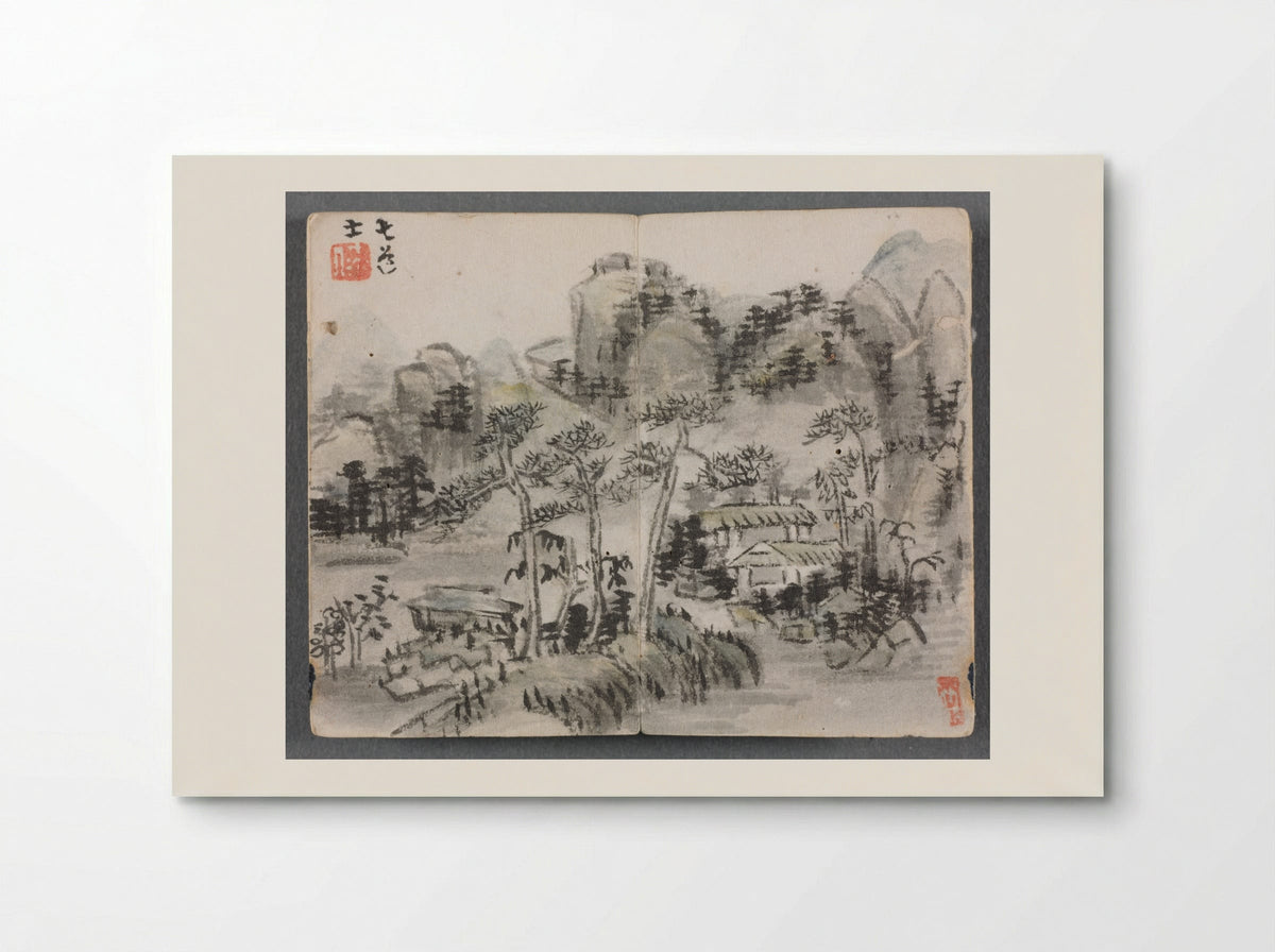 Miniature Album with Figures and Landscape (Landscape with Two Buildings) - Zeng Yandong - Poster