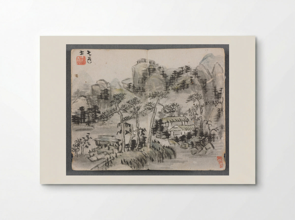 Miniature Album with Figures and Landscape (Landscape with Two Buildings) - Zeng Yandong - Poster
