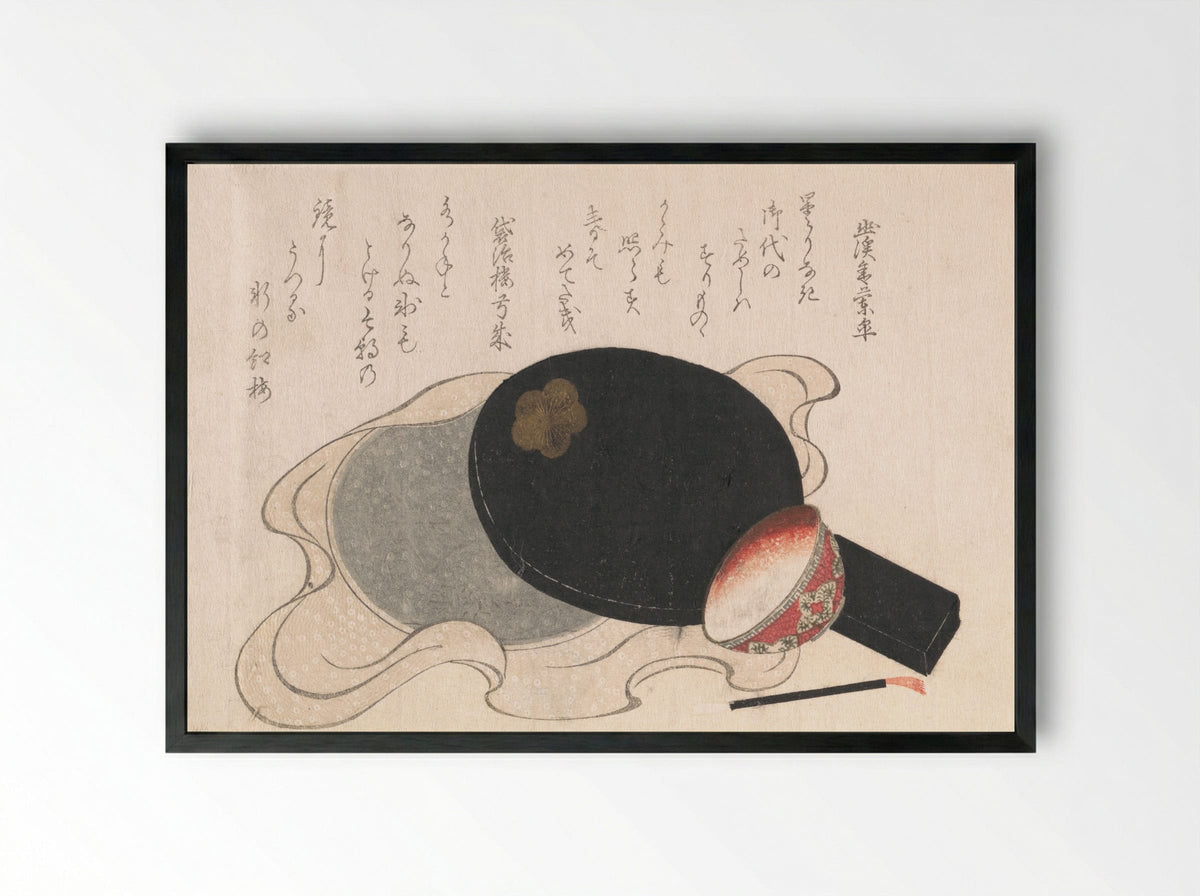 Mirror with Cover, Bowl and Brush for Rouge - Yukeisha - Framed Print Black