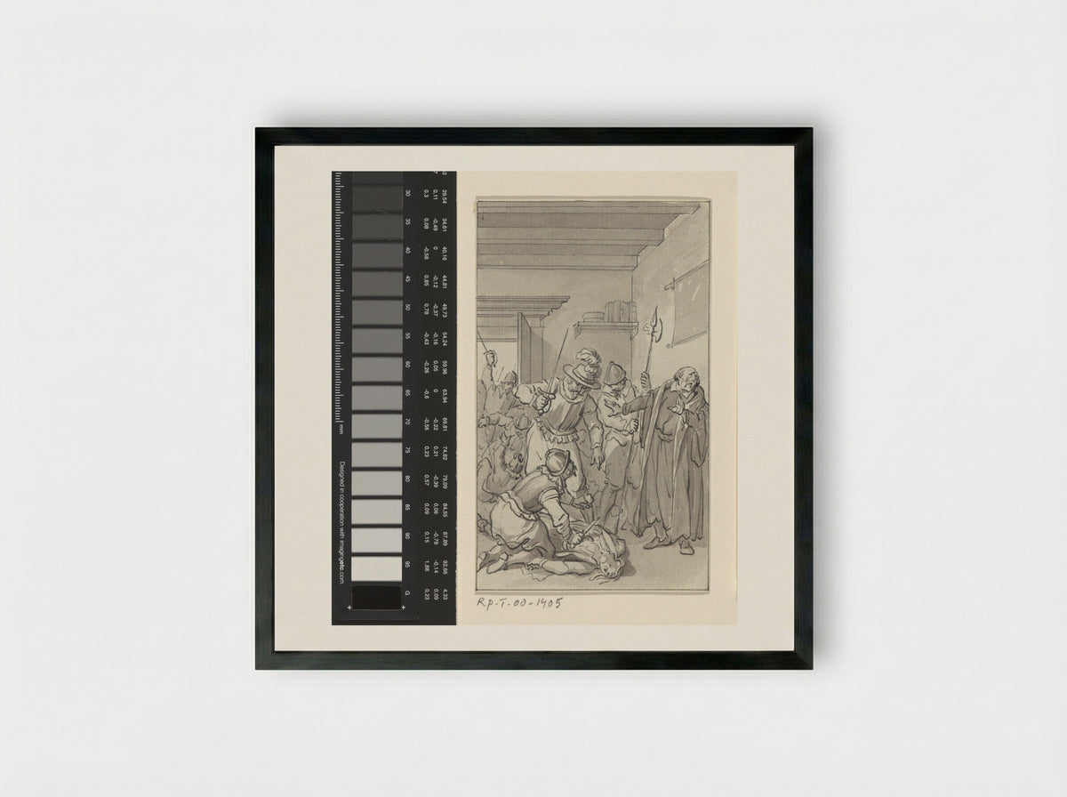 Mishandeling van de zoon van de geleerde Hortensius door de Spanjaarden te Naarden, 1 december 1572 - Jacobus Buys - Framed Print Black