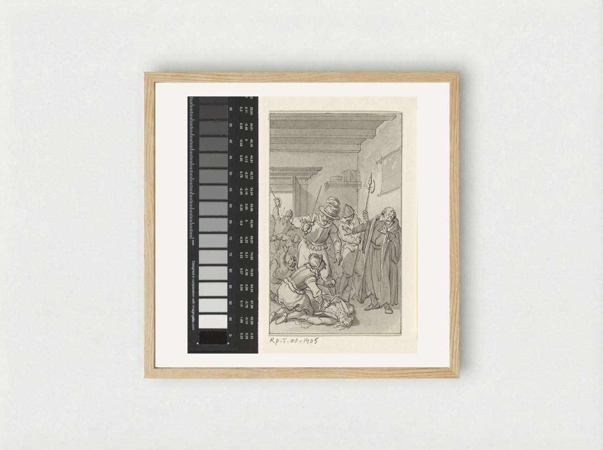 Mishandeling van de zoon van de geleerde Hortensius door de Spanjaarden te Naarden, 1 december 1572 - Jacobus Buys - Framed Print Wood