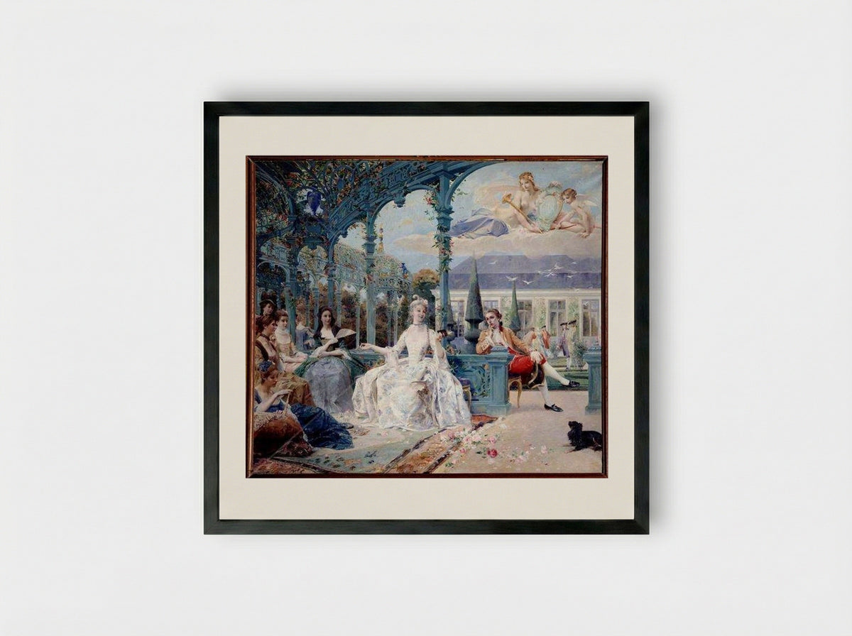 Miss Clermont and Count Melun at the Pavilion of Sylvie - Luc-Olivier Merson - Framed Print Black