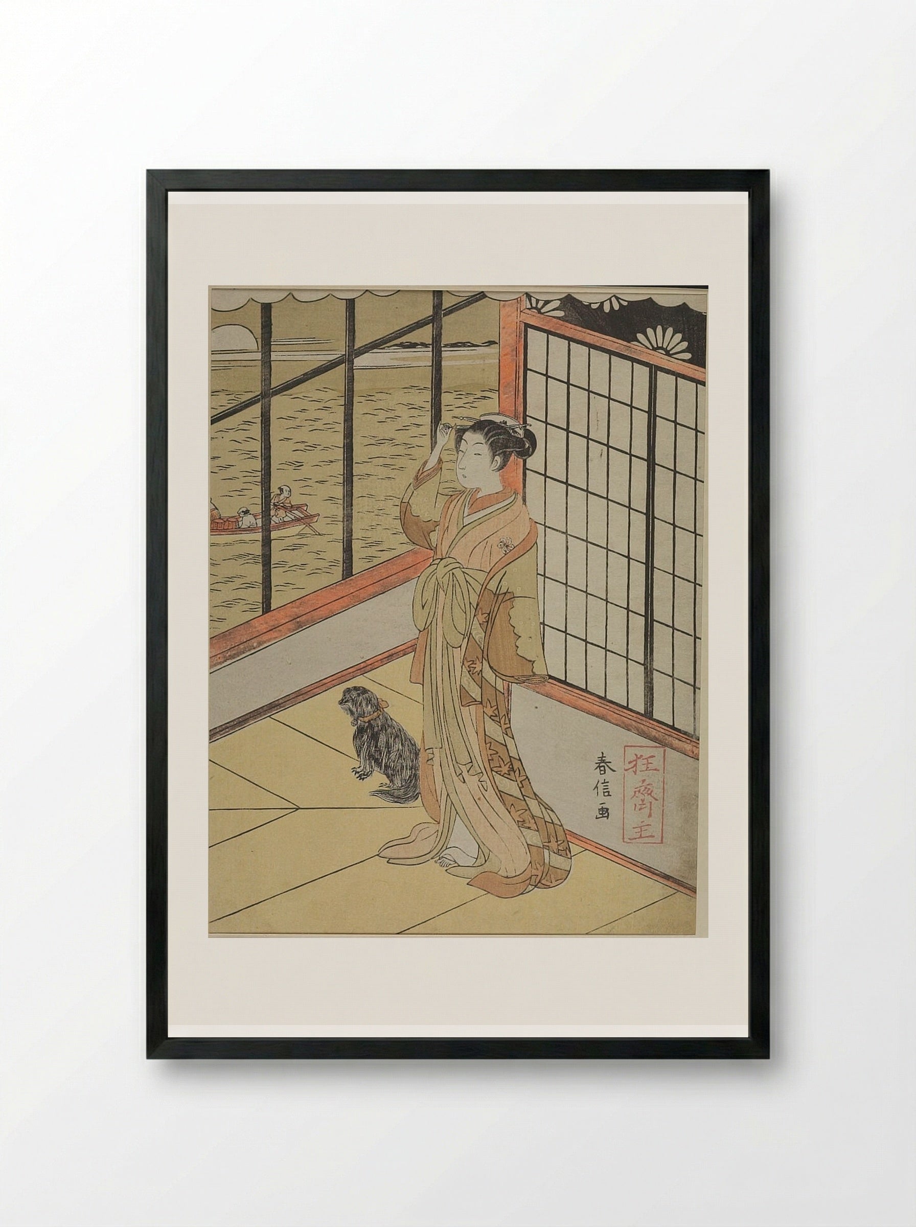 Mistress of Tsuneyoshi with Small Dog - Suzuki Harunobu - Framed Print Black