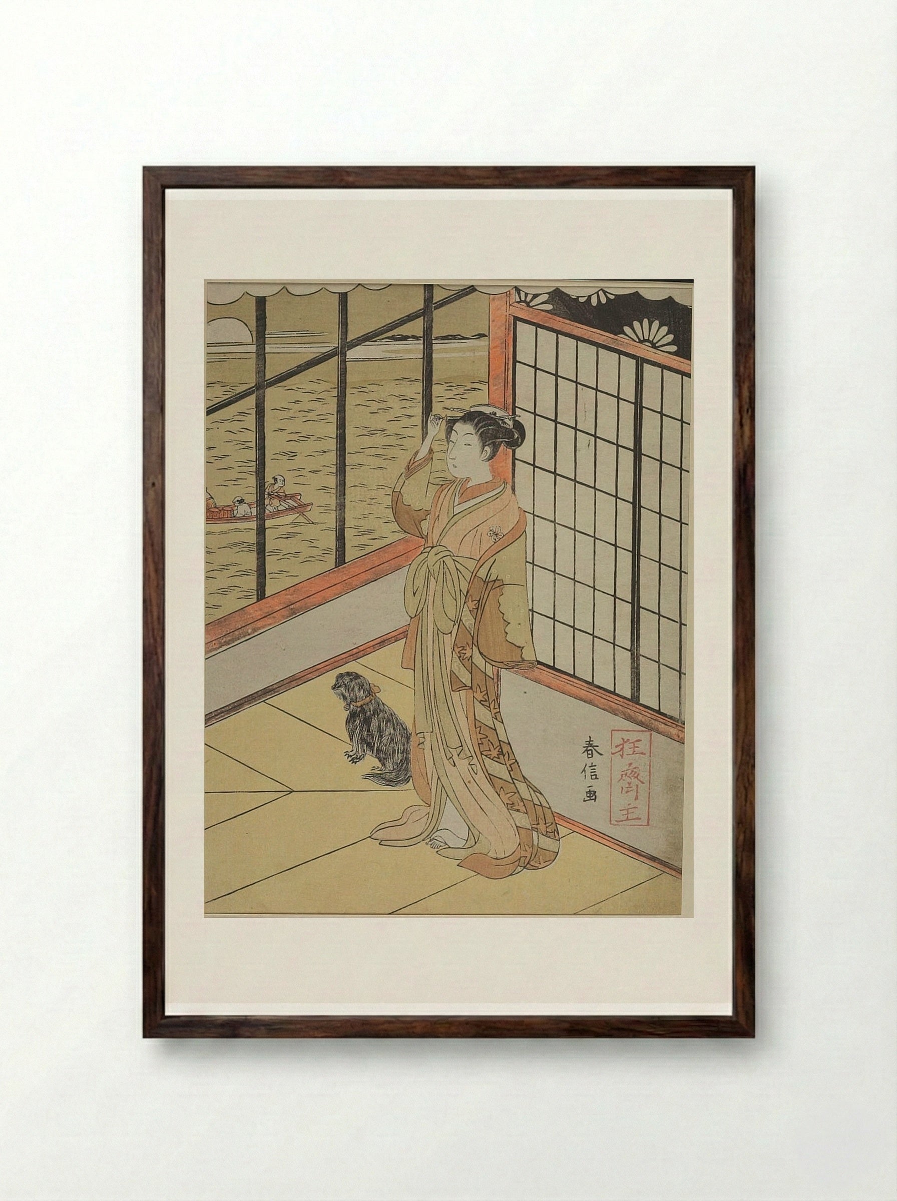 Mistress of Tsuneyoshi with Small Dog - Suzuki Harunobu - Framed Print Dark Wood