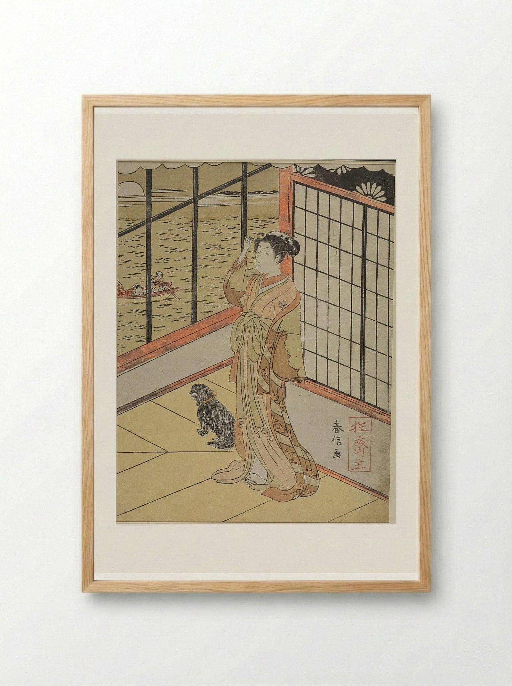 Mistress of Tsuneyoshi with Small Dog - Suzuki Harunobu - Framed Print Wood