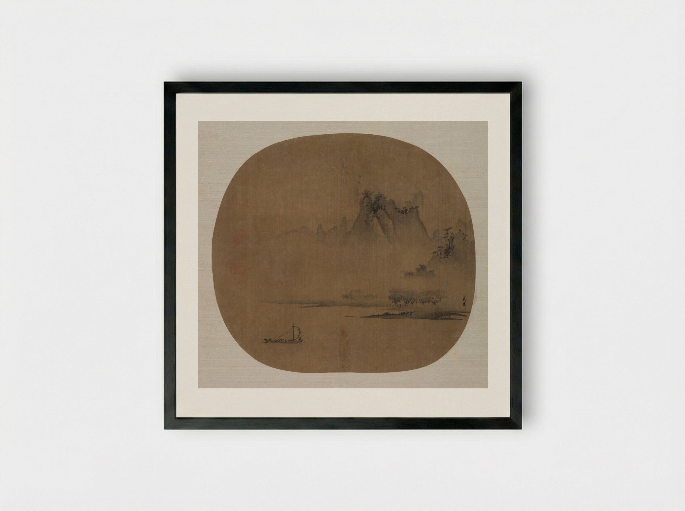 Misty Landscape with Fishermen in a Boat - Xia Gui - Framed Print Black
