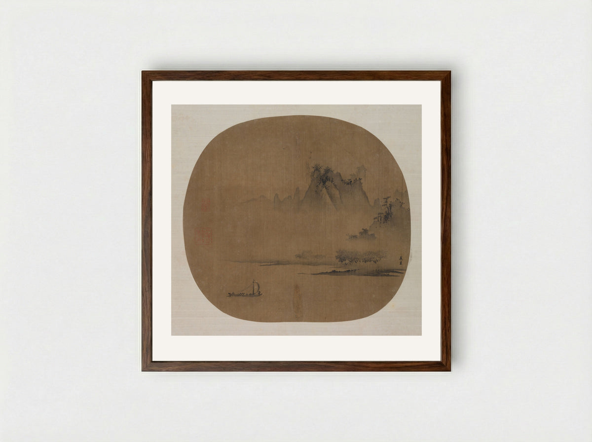 Misty Landscape with Fishermen in a Boat - Xia Gui - Framed Print Dark Wood