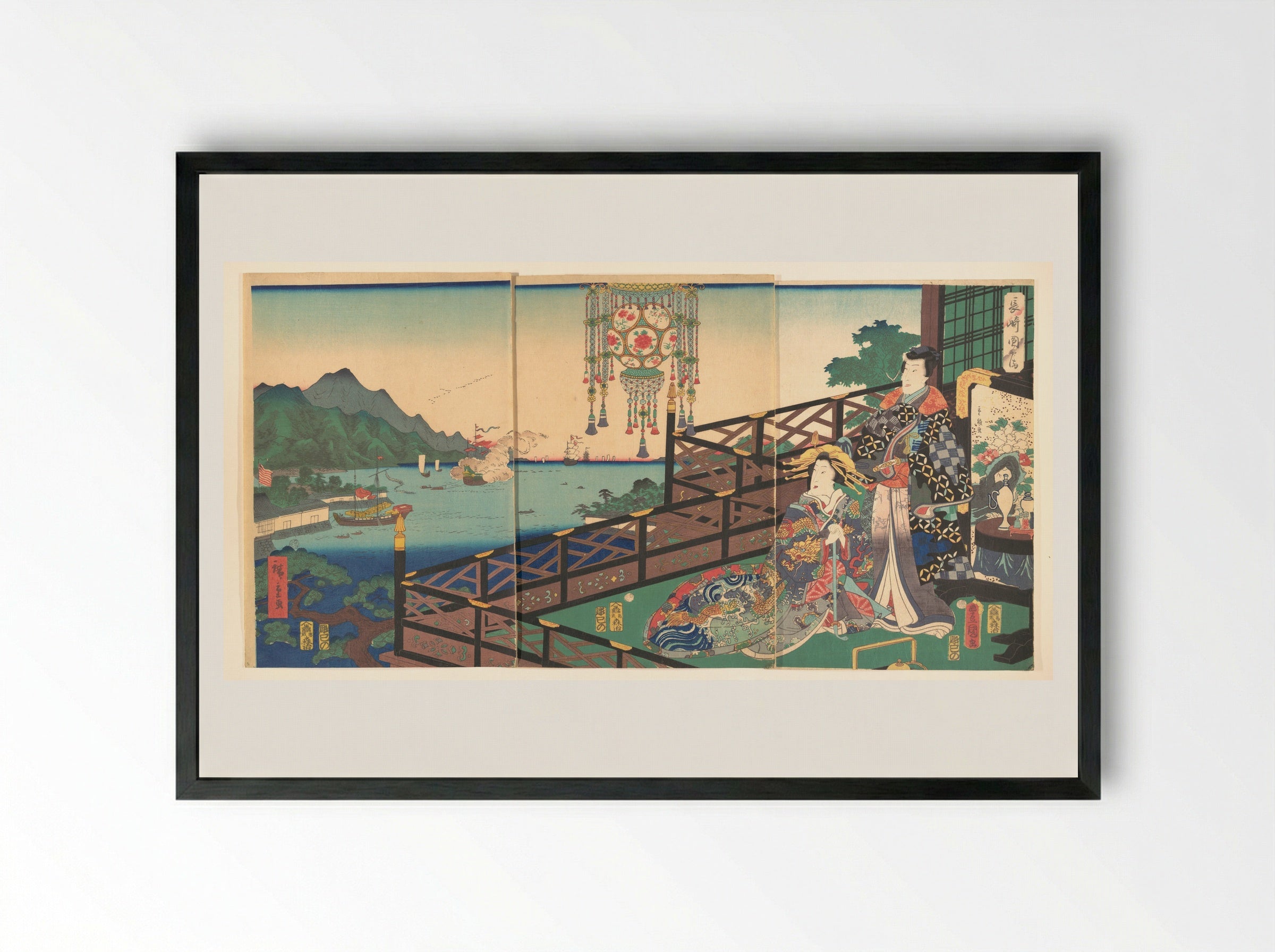 Mitsuuji in the Maruyama Pleasure District of Nagasaki (Nagasaki dejima) - Utagawa Kunisada - Framed Print Black