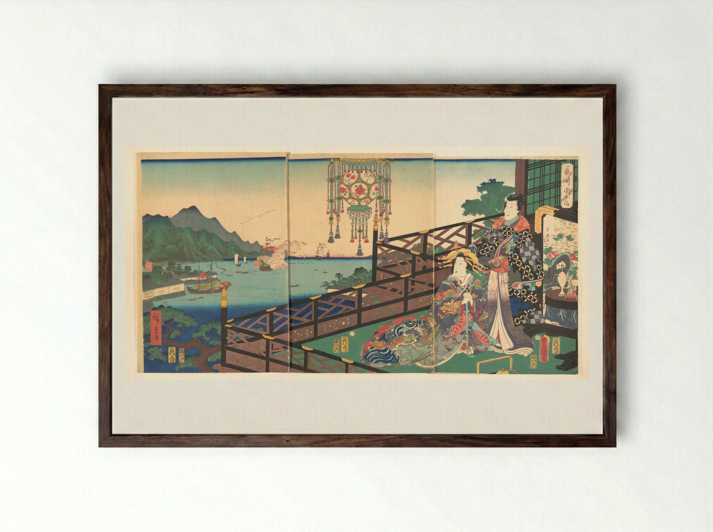 Mitsuuji in the Maruyama Pleasure District of Nagasaki (Nagasaki dejima) - Utagawa Kunisada - Framed Print Dark Wood