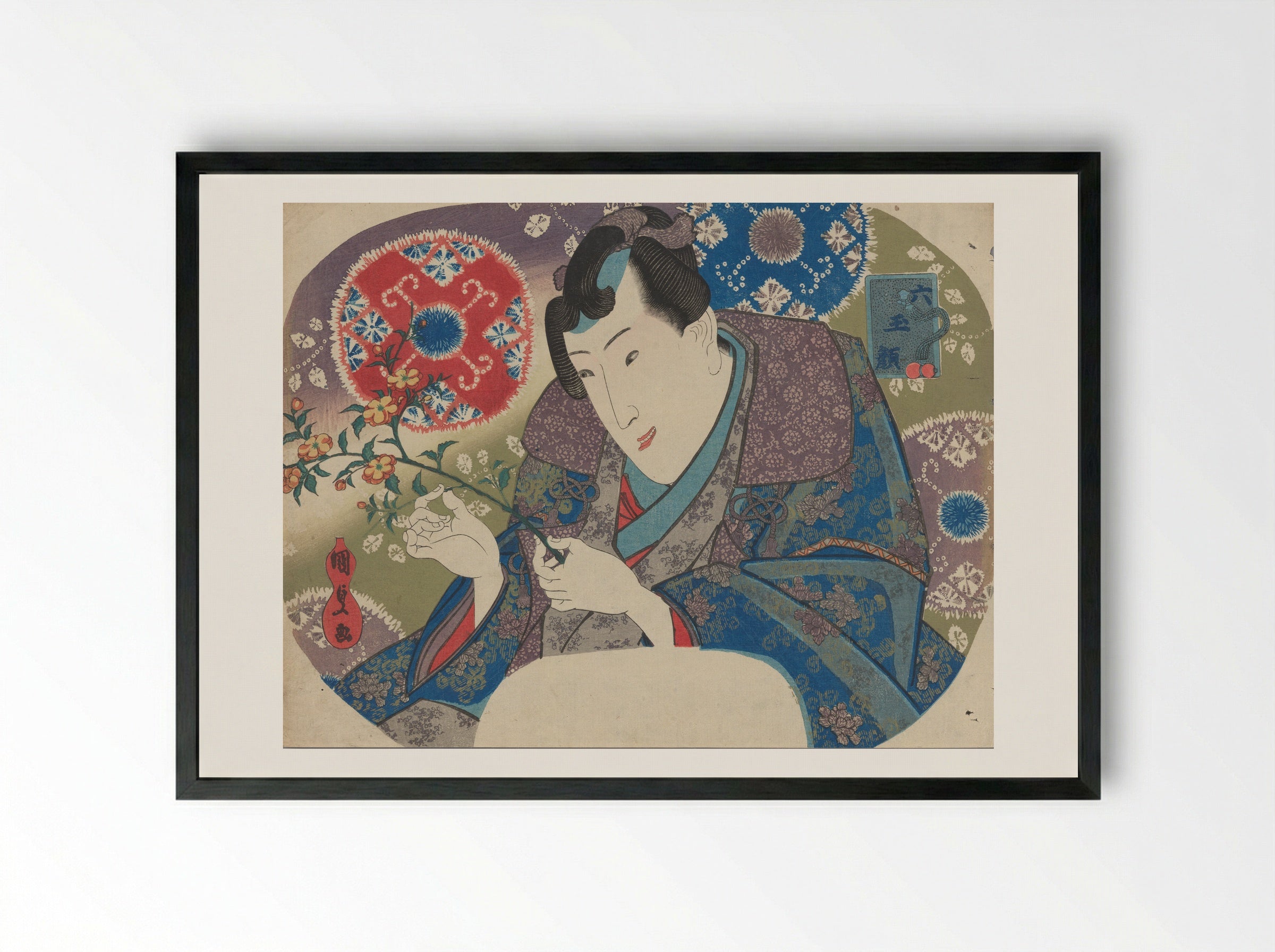 Mitsuuji with Mountain Roses (Yamabuki) - Utagawa Kunisada - Framed Print Black