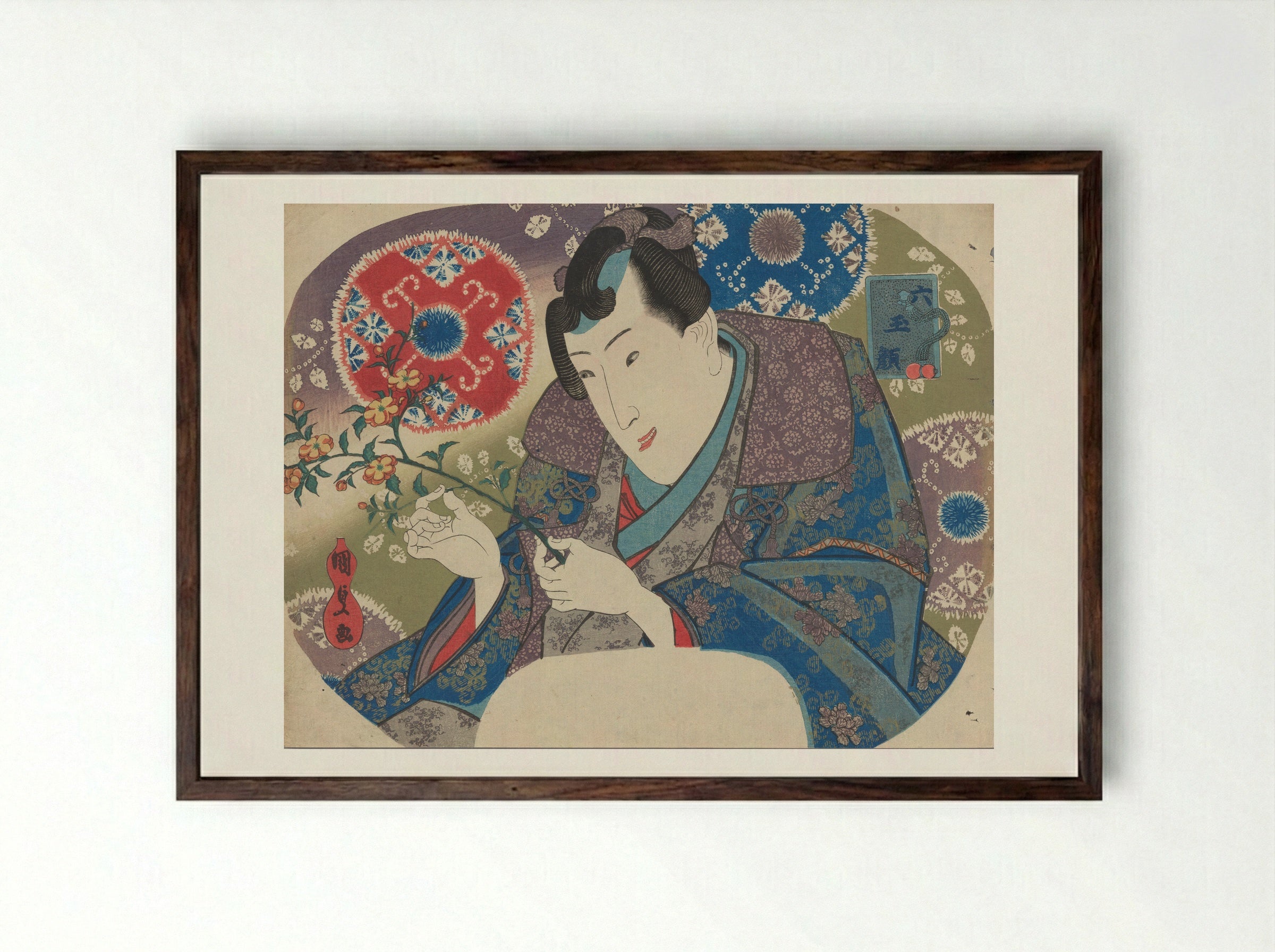 Mitsuuji with Mountain Roses (Yamabuki) - Utagawa Kunisada - Framed Print Dark Wood