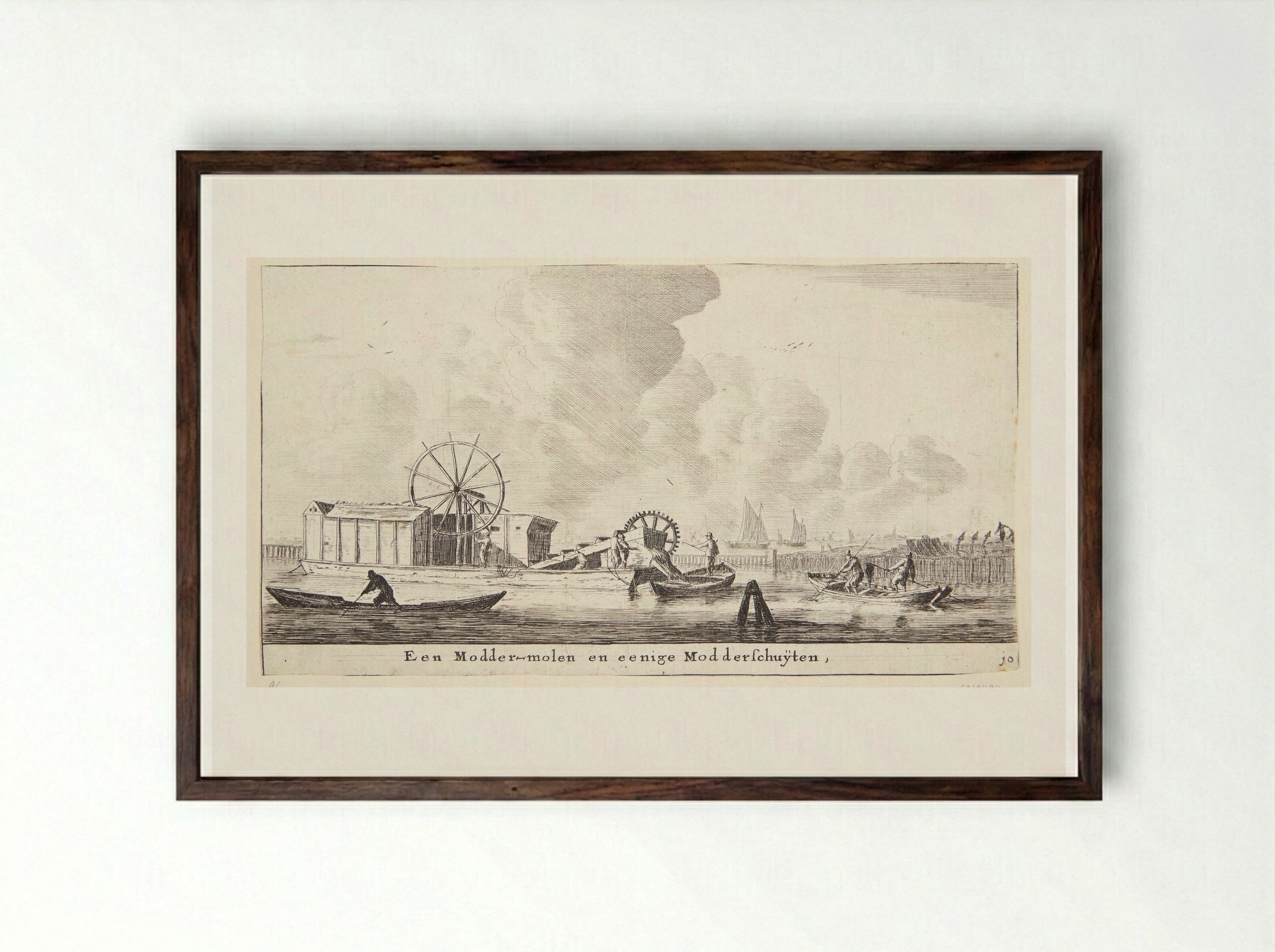 Moddermolen en modderschuiten - Reinier Nooms - Framed Print Dark Wood