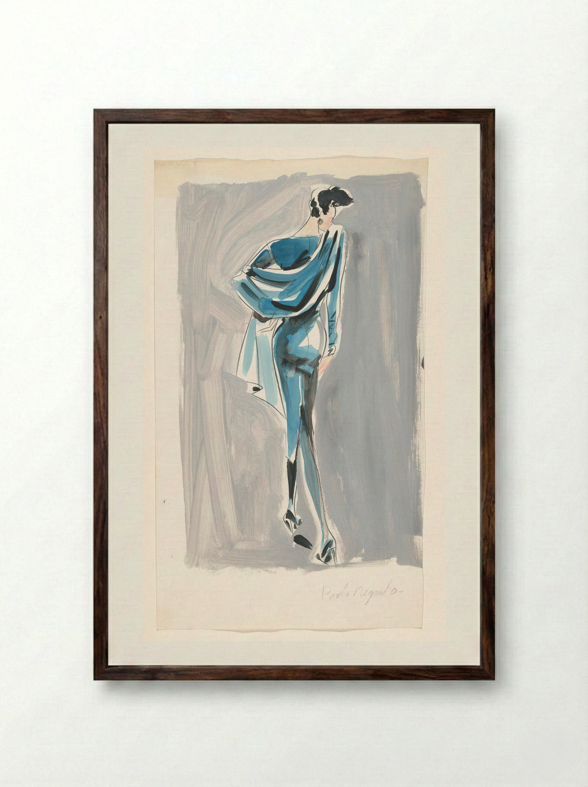 Model in een japon met stola van Paolo Negrato - Arie Vervelde - Framed Print Dark Wood