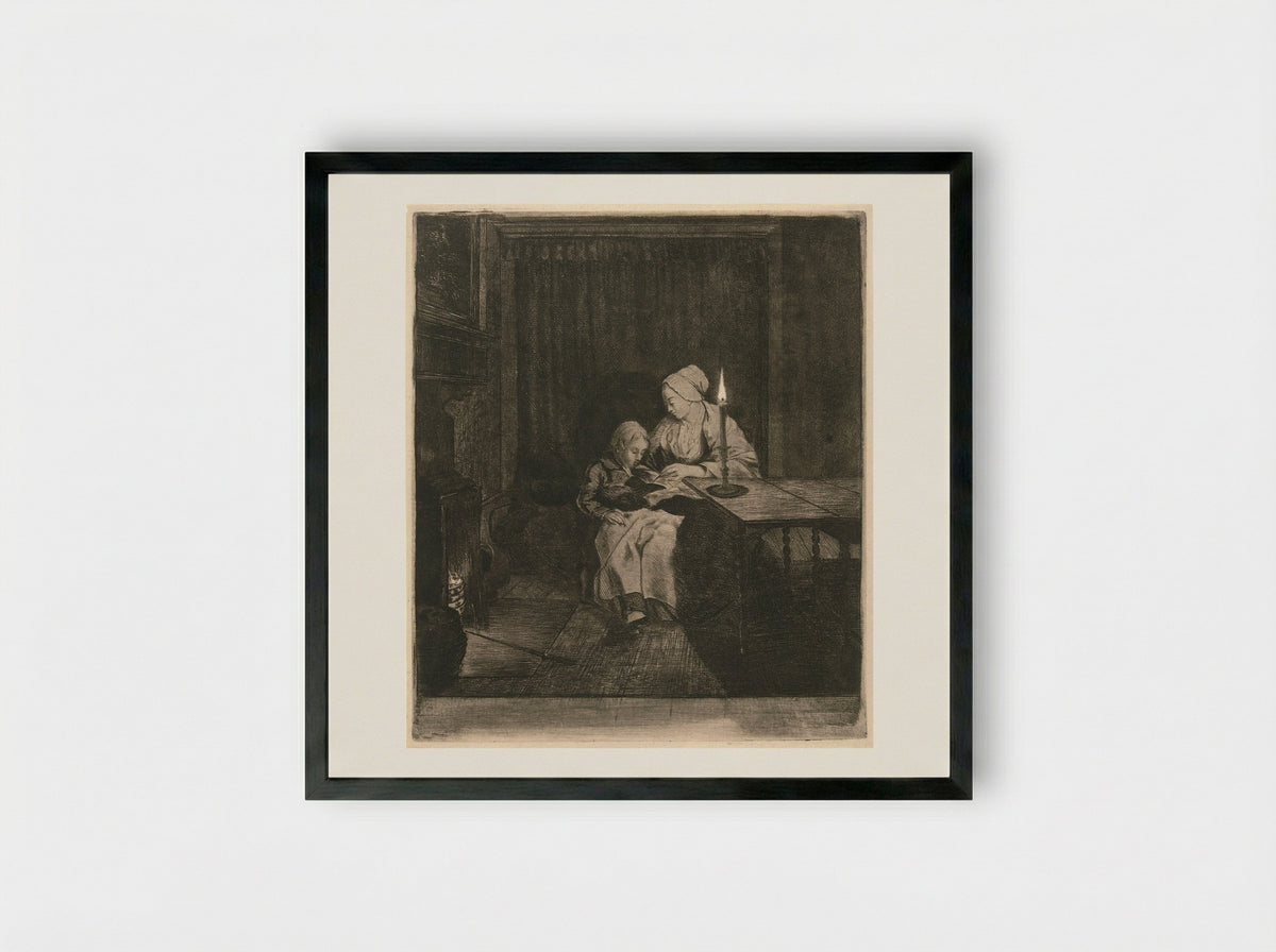 Moeder geeft haar zoon les (Mother Teaching Her Son) - Louis Bernard Coclers - Framed Print Black