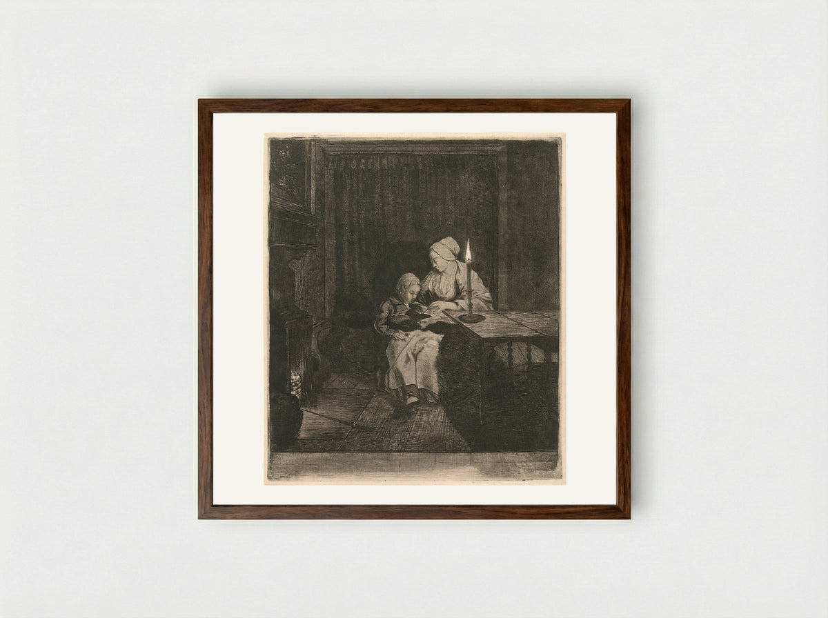 Moeder geeft haar zoon les (Mother Teaching Her Son) - Louis Bernard Coclers - Framed Print Dark Wood