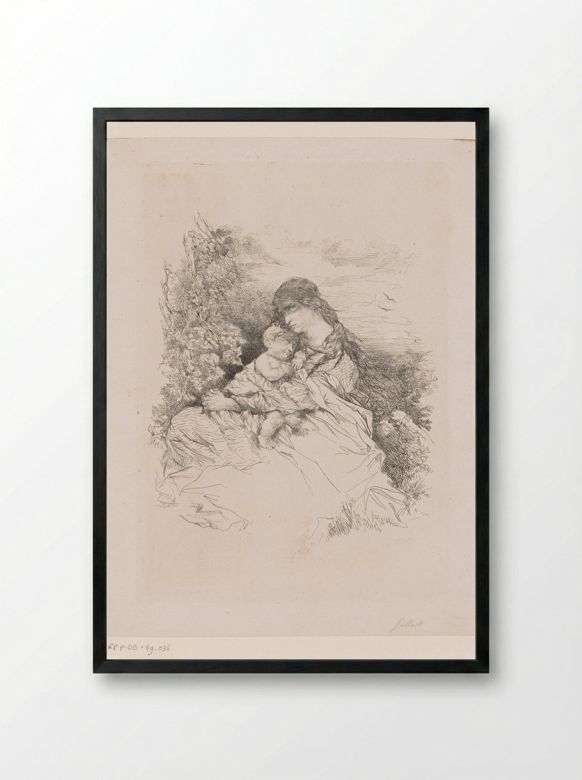 Moeder met kind gezeten in een landschap - Louis Gallait - Framed Print Black