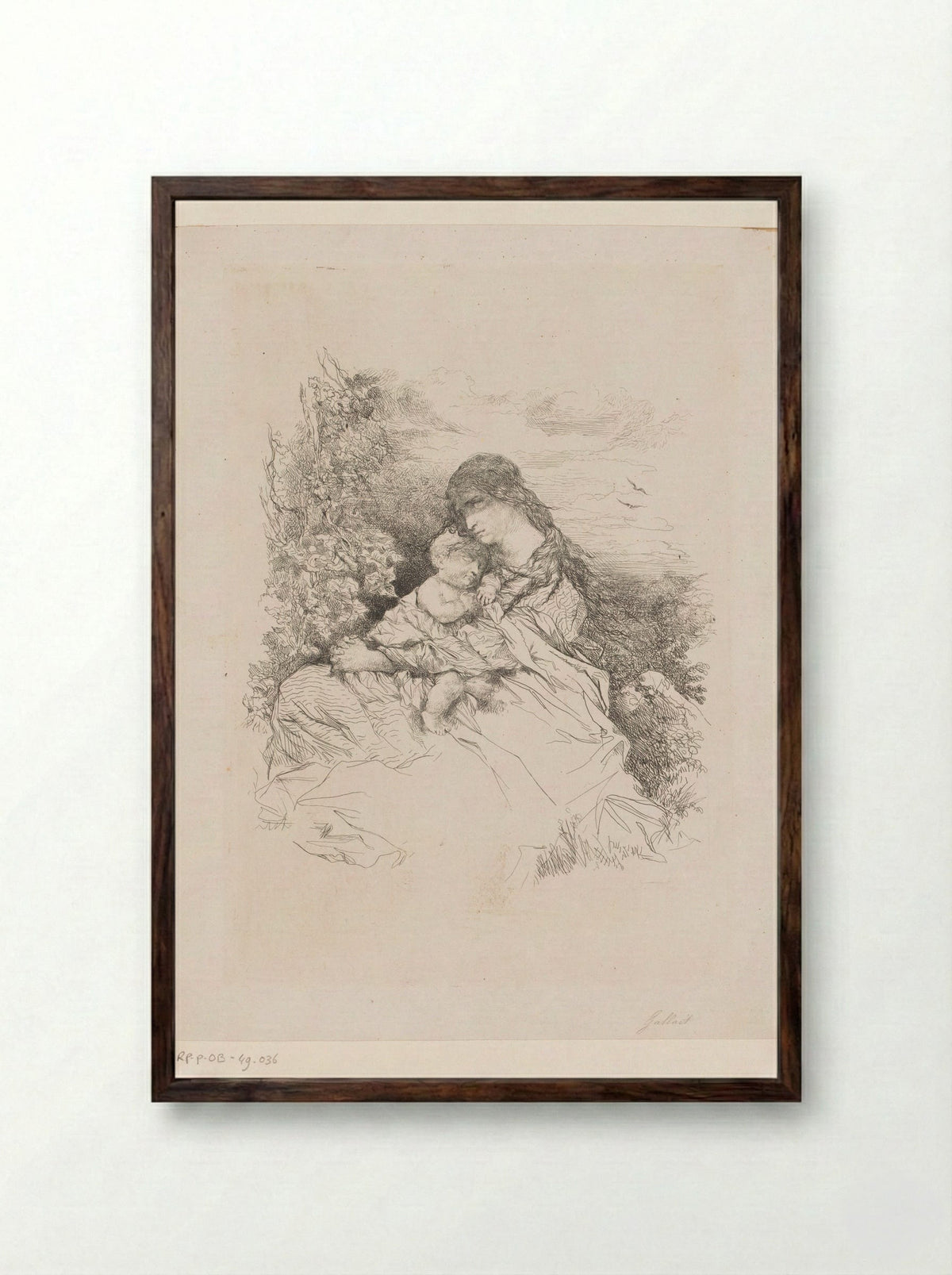 Moeder met kind gezeten in een landschap - Louis Gallait - Framed Print Dark Wood