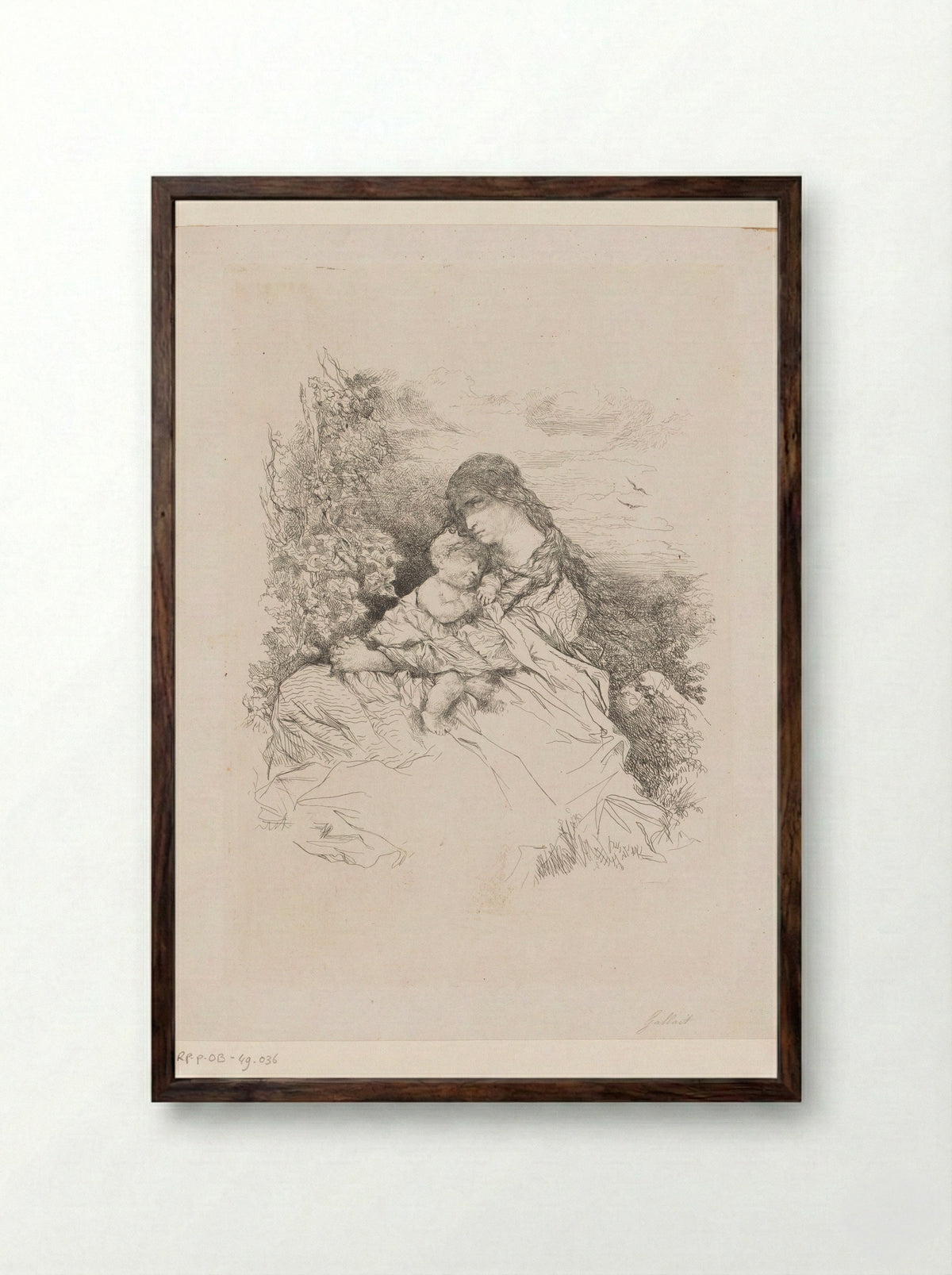 Moeder met kind gezeten in een landschap - Louis Gallait - Framed Print Dark Wood