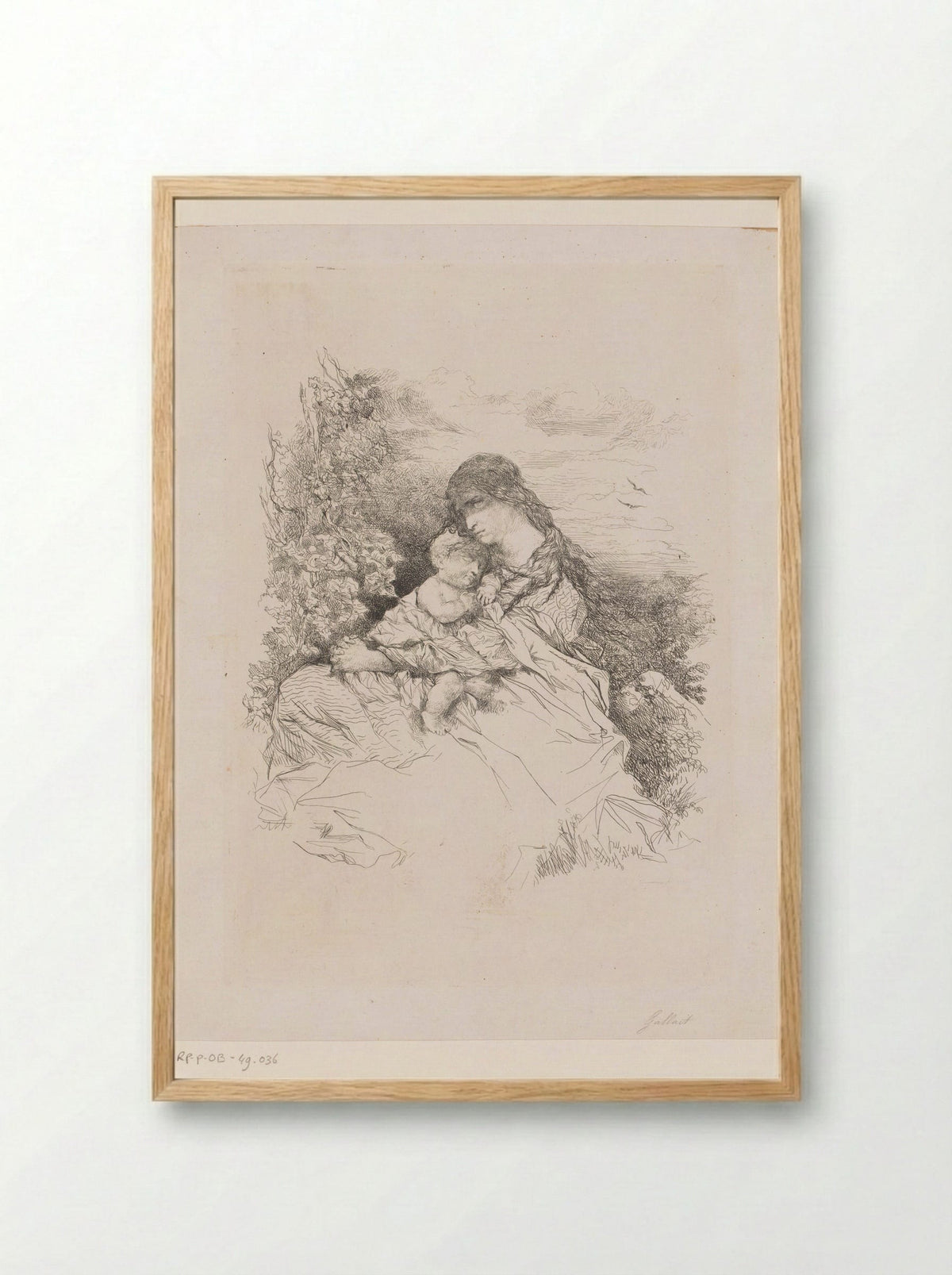 Moeder met kind gezeten in een landschap - Louis Gallait - Framed Print Wood