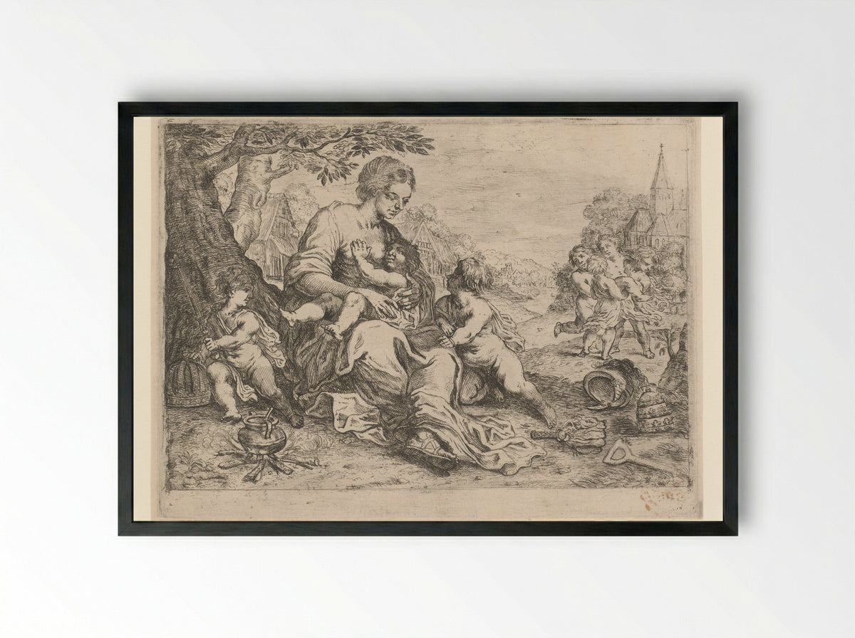 Moeder met kinderen - Hendrick Heerschop - Framed Print Black