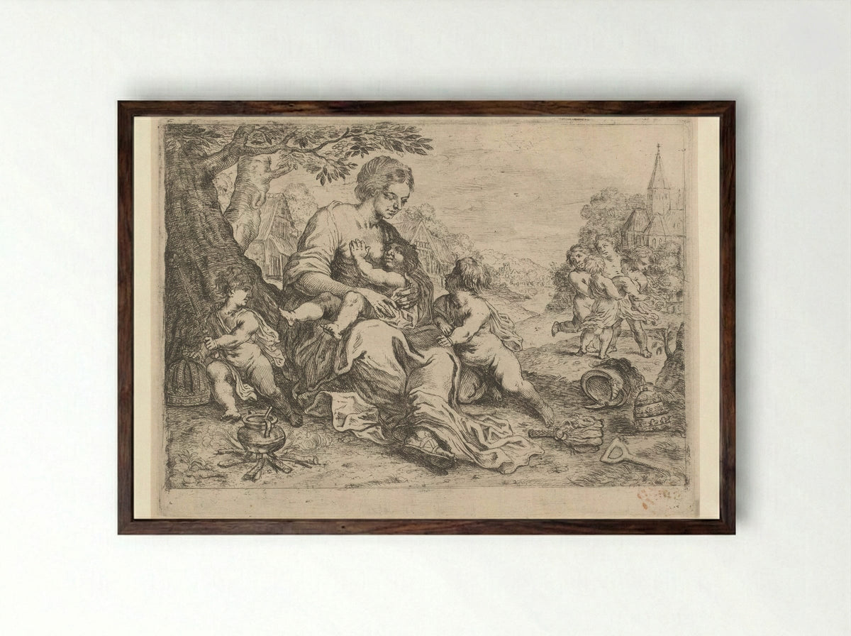 Moeder met kinderen - Hendrick Heerschop - Framed Print Dark Wood