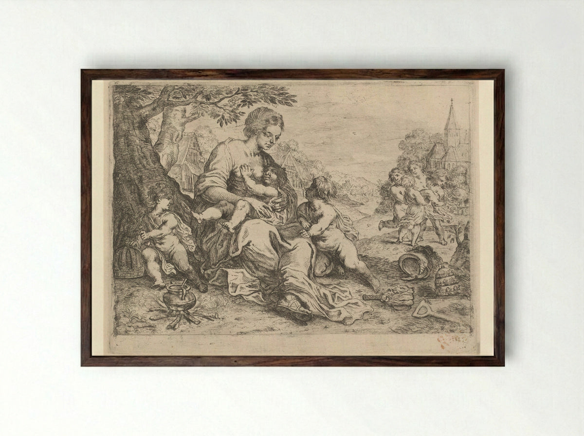 Moeder met kinderen - Hendrick Heerschop - Framed Print Dark Wood