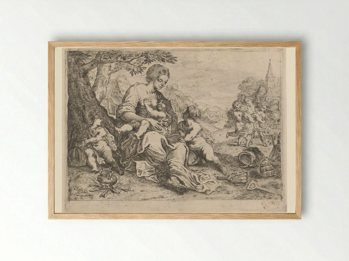 Moeder met kinderen - Hendrick Heerschop - Framed Print Wood