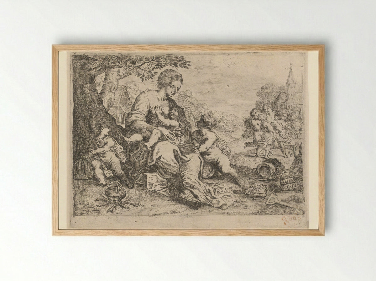 Moeder met kinderen - Hendrick Heerschop - Framed Print Wood