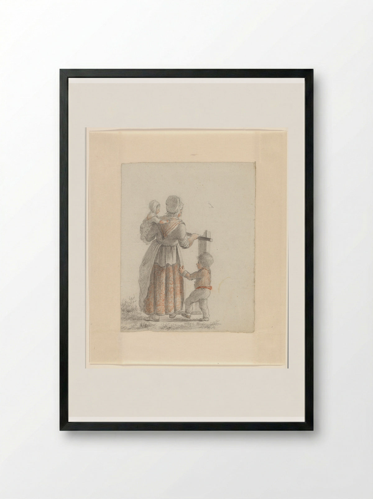 Moeder met twee kinderen bij een hek - Johannes van Reijn - Framed Print Black