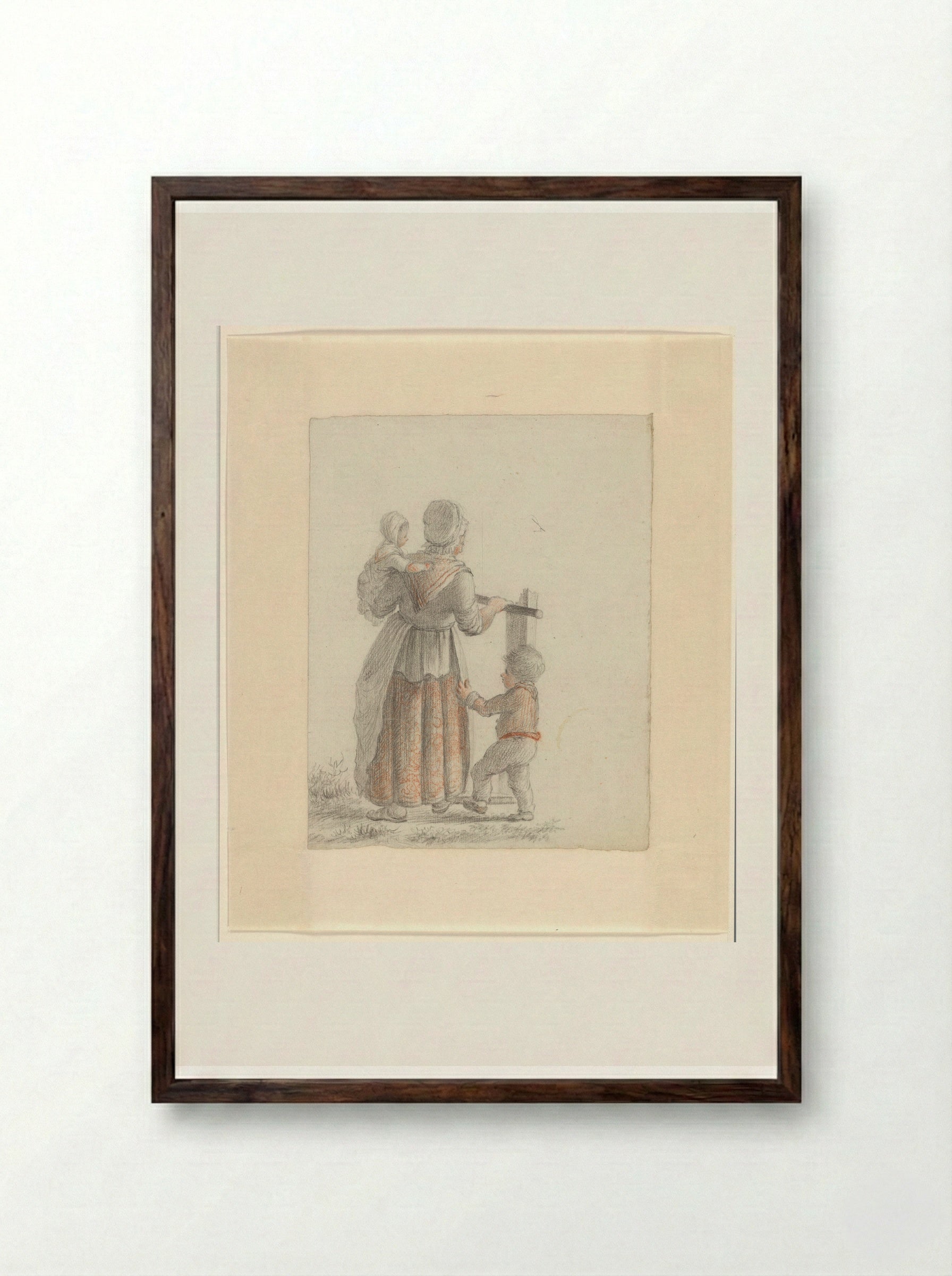 Moeder met twee kinderen bij een hek - Johannes van Reijn - Framed Print Dark Wood